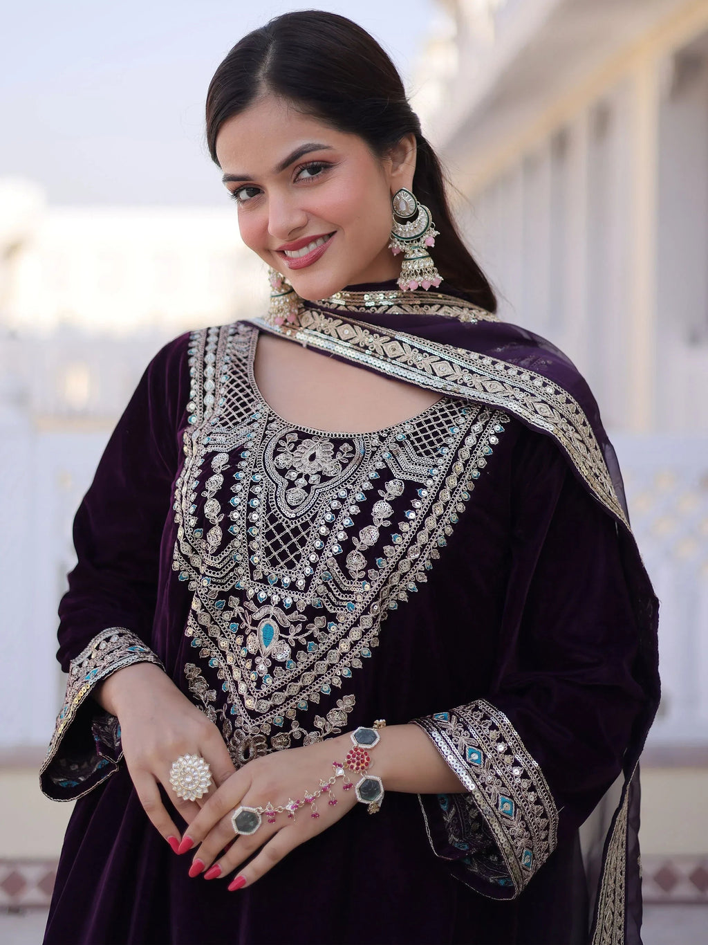 Wine Lovely Embroidered Velvet Festival Wear Salwar Kameez