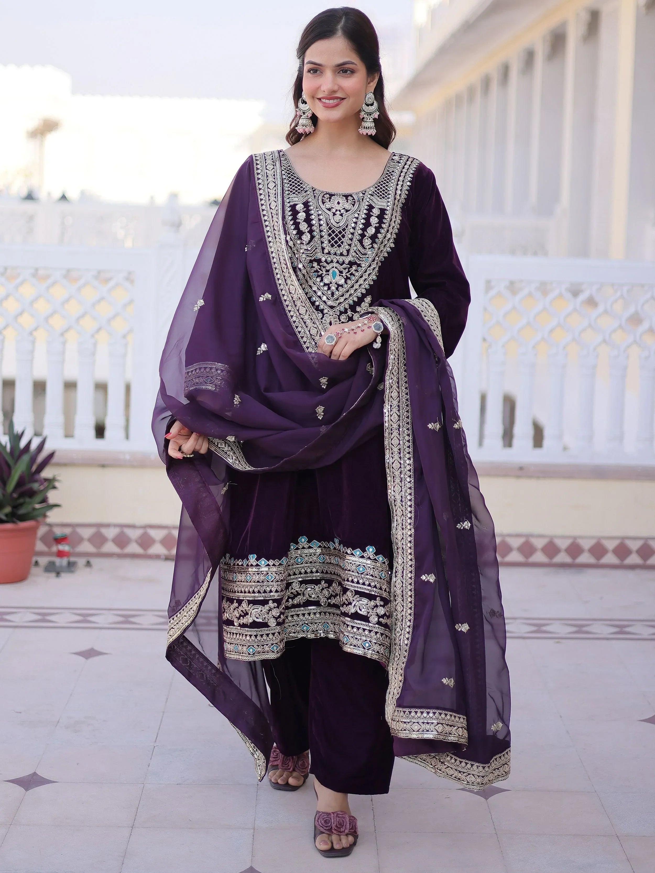 Wine Lovely Embroidered Velvet Festival Wear Salwar Kameez