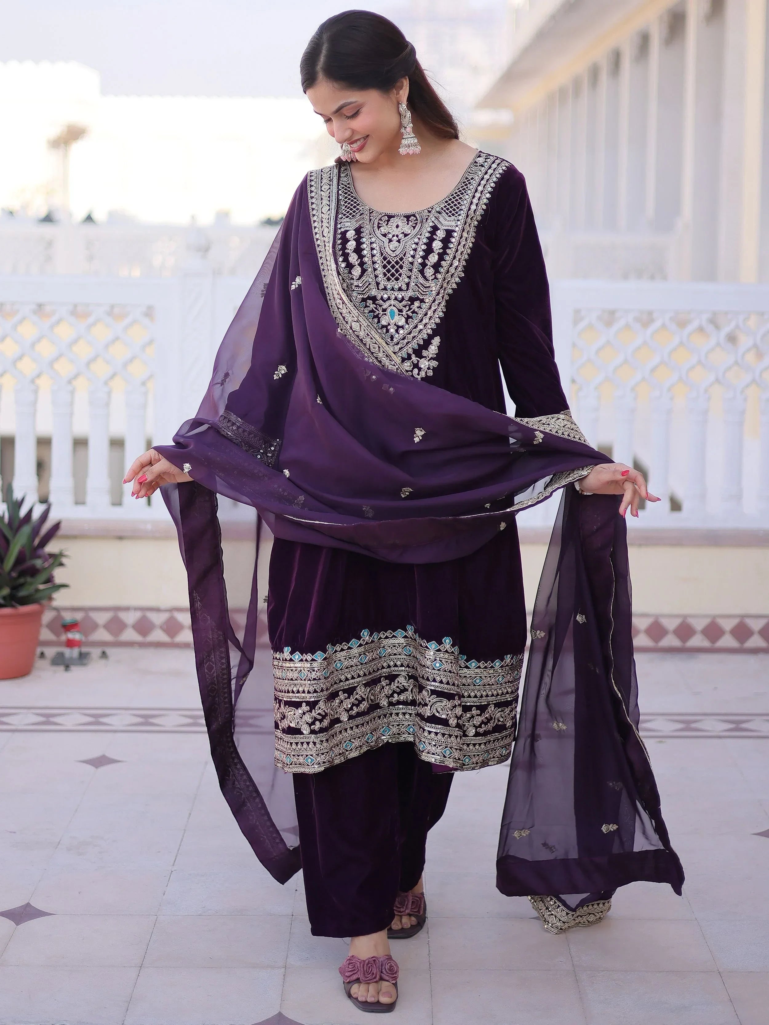 Wine Lovely Embroidered Velvet Festival Wear Salwar Kameez