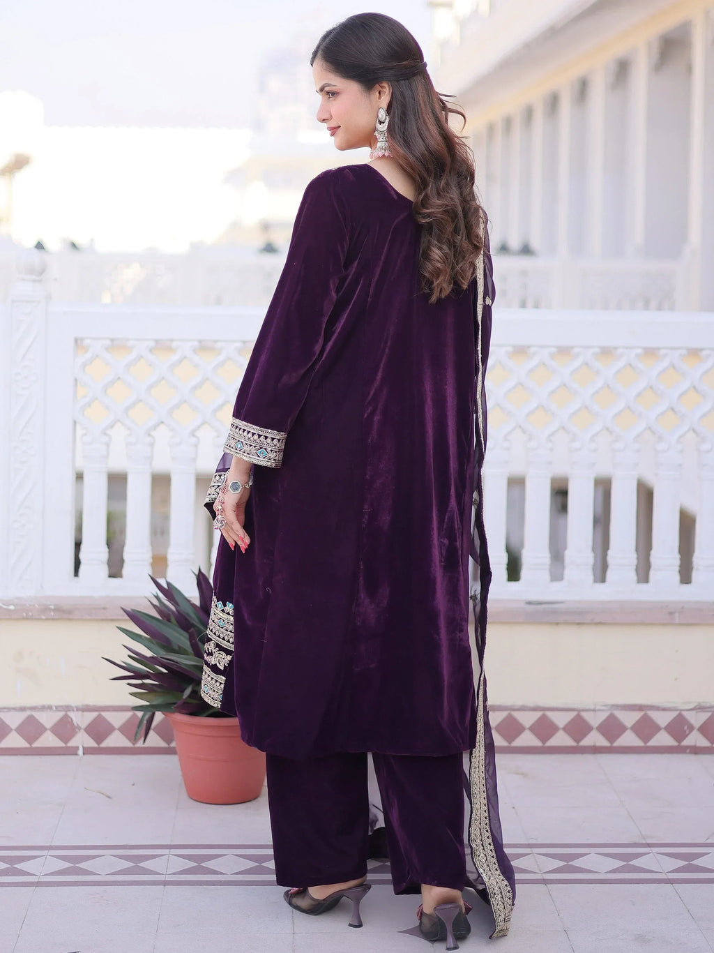 Wine Lovely Embroidered Velvet Festival Wear Salwar Kameez