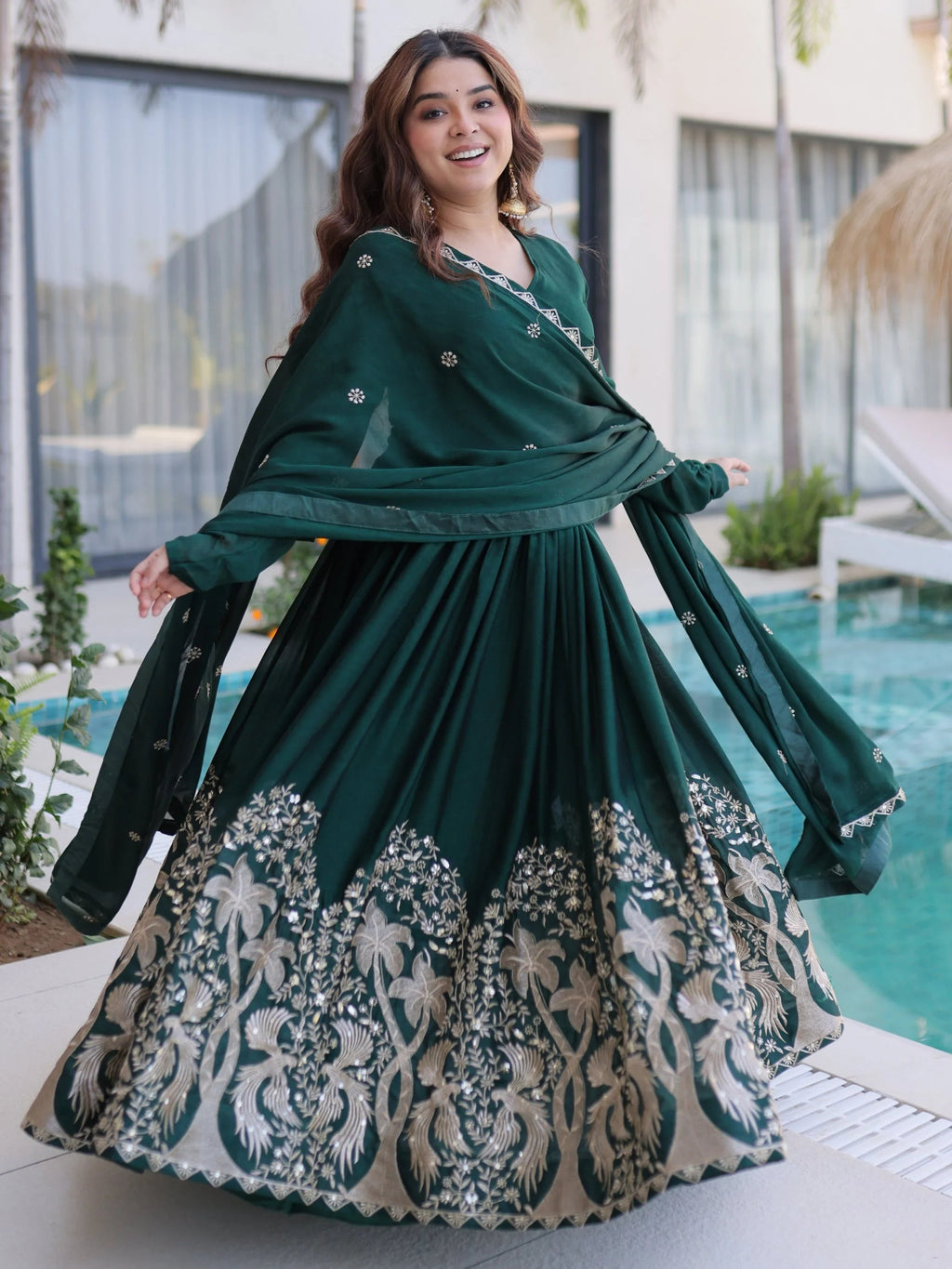 Bottle Green Exceptional Multi Thread Work Crushed Gown With Dupatta