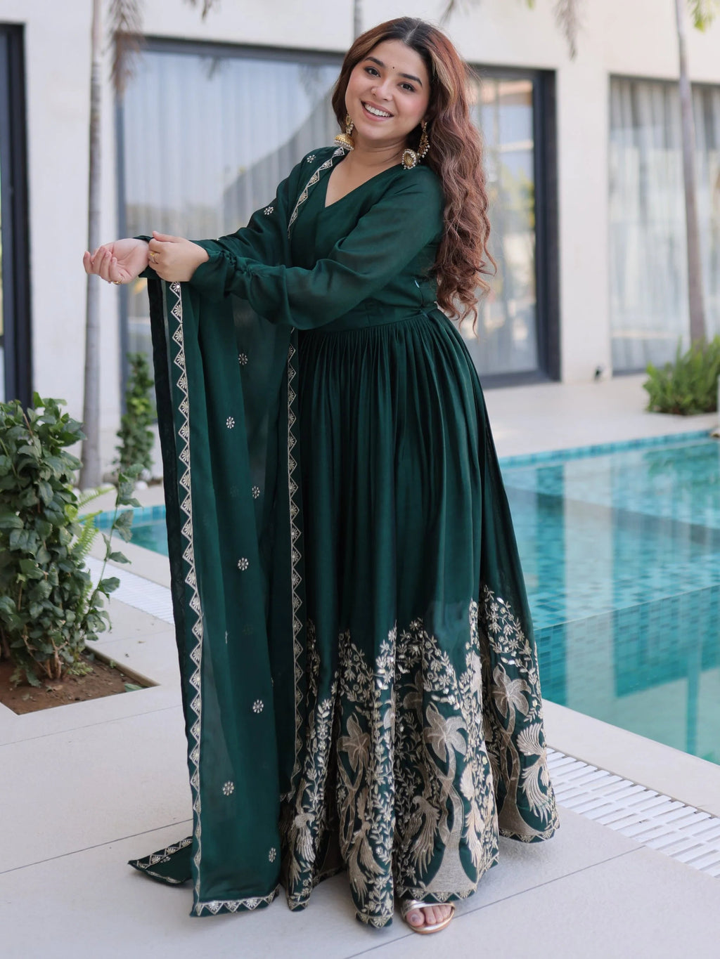 Bottle Green Exceptional Multi Thread Work Crushed Gown With Dupatta