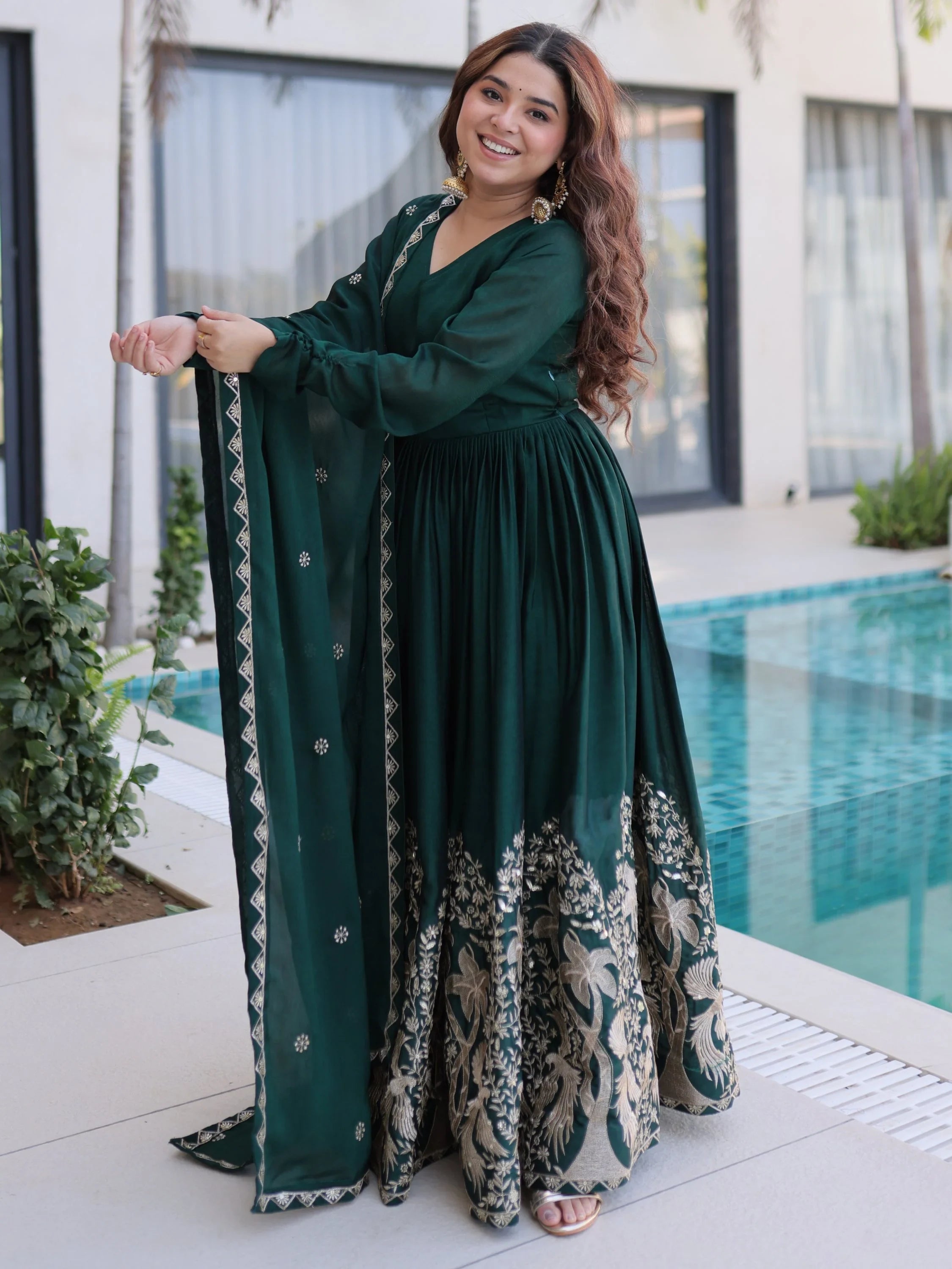 Bottle Green Exceptional Multi Thread Work Crushed Gown With Dupatta