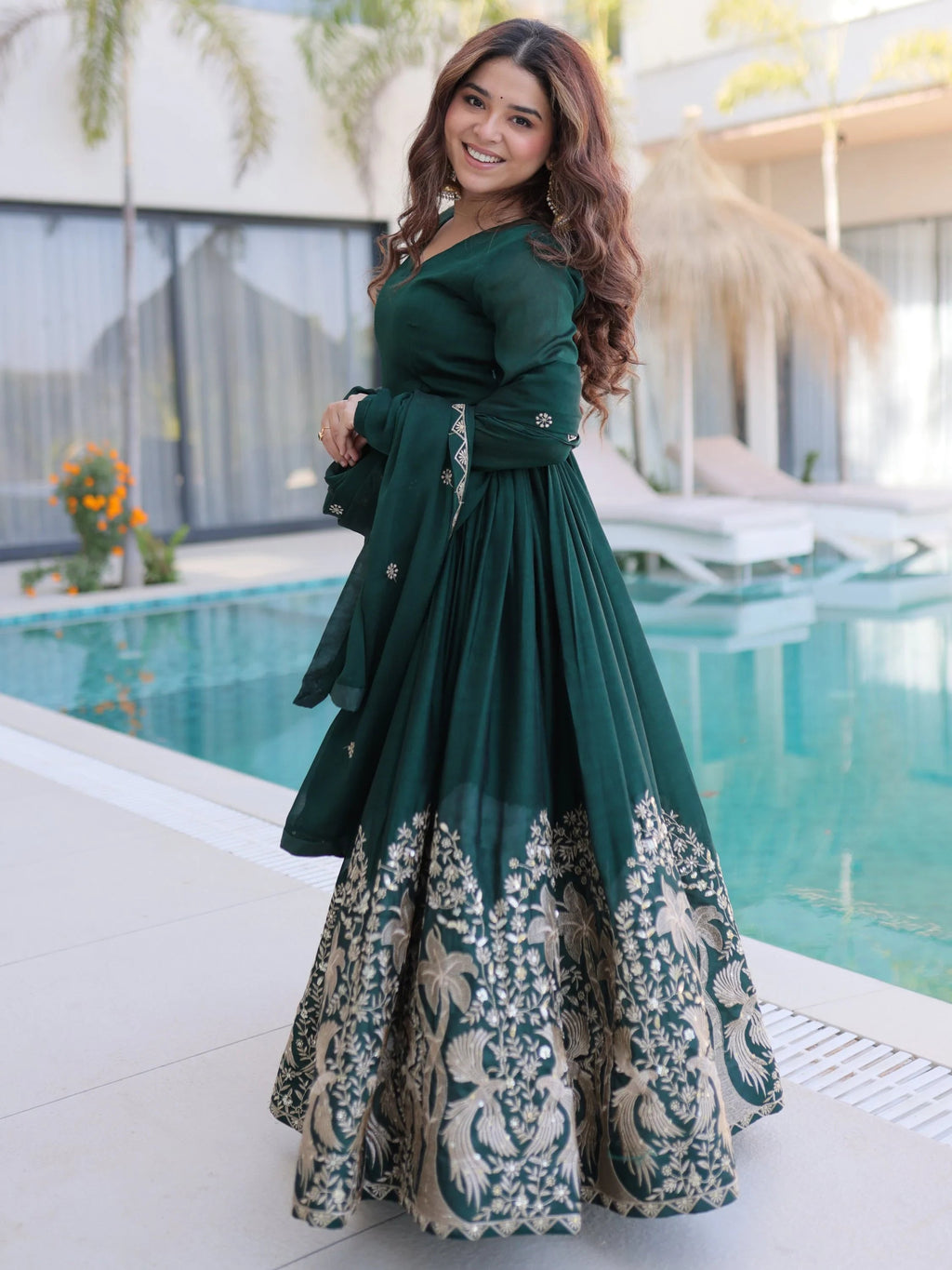 Bottle Green Exceptional Multi Thread Work Crushed Gown With Dupatta