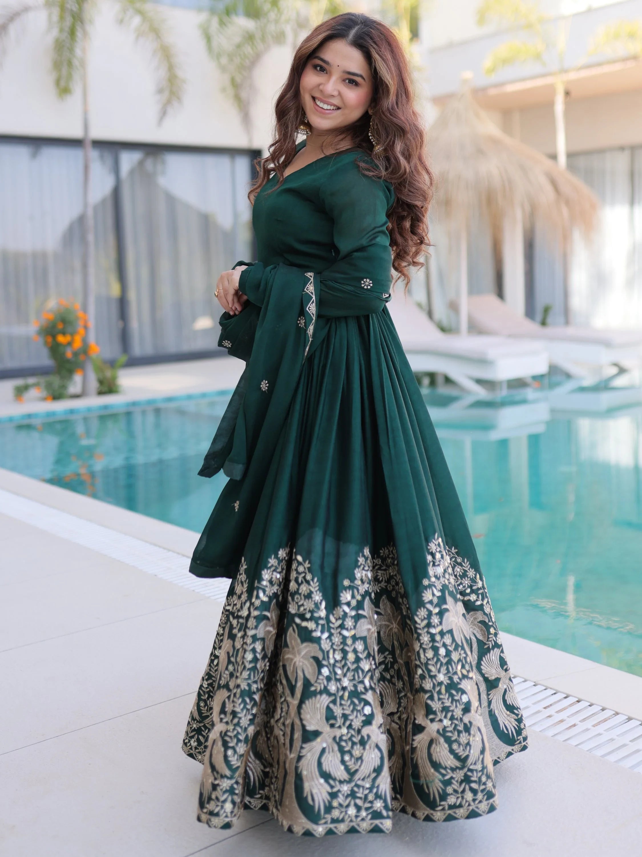 Bottle Green Exceptional Multi Thread Work Crushed Gown With Dupatta
