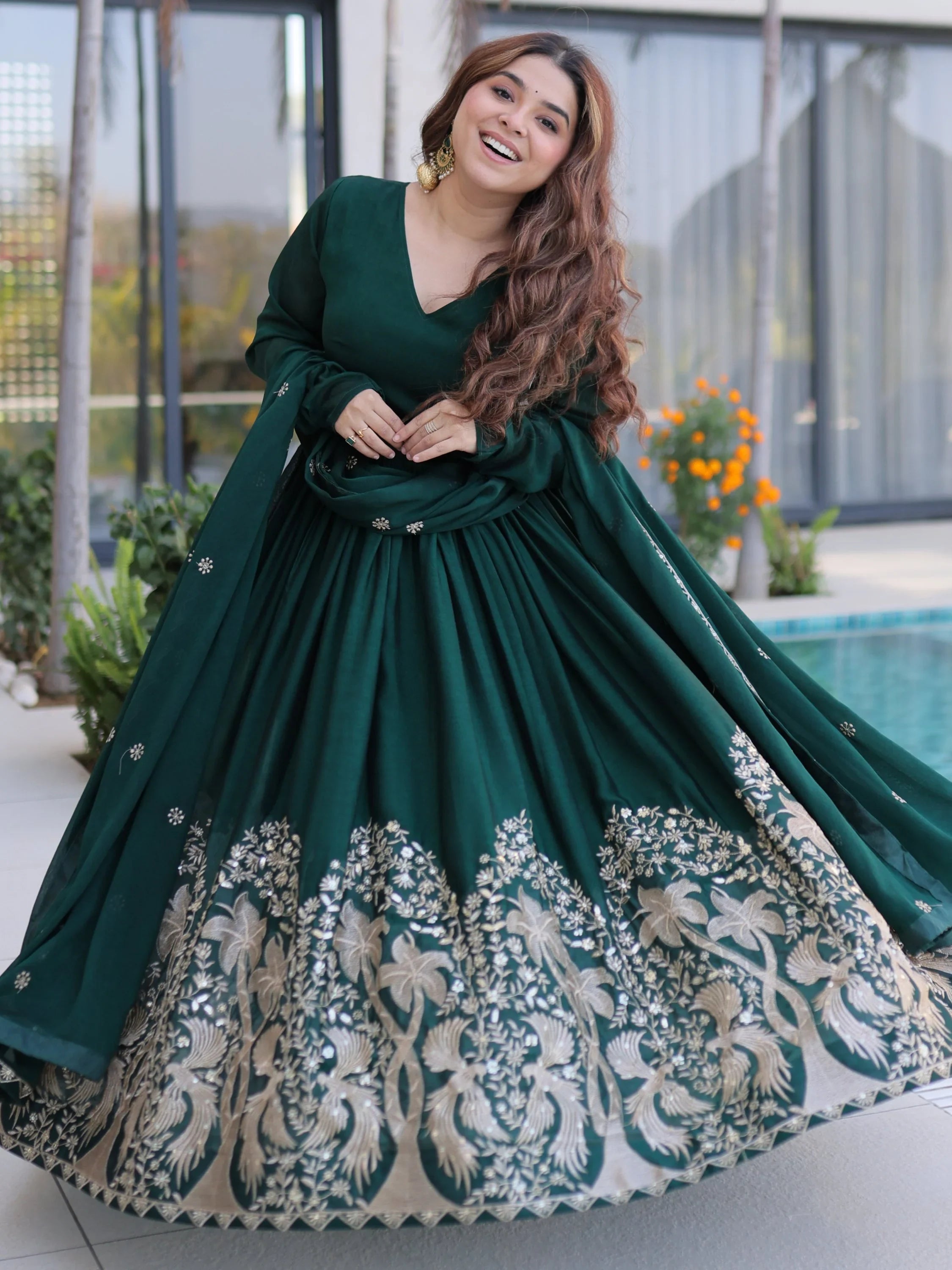 Bottle Green Exceptional Multi Thread Work Crushed Gown With Dupatta