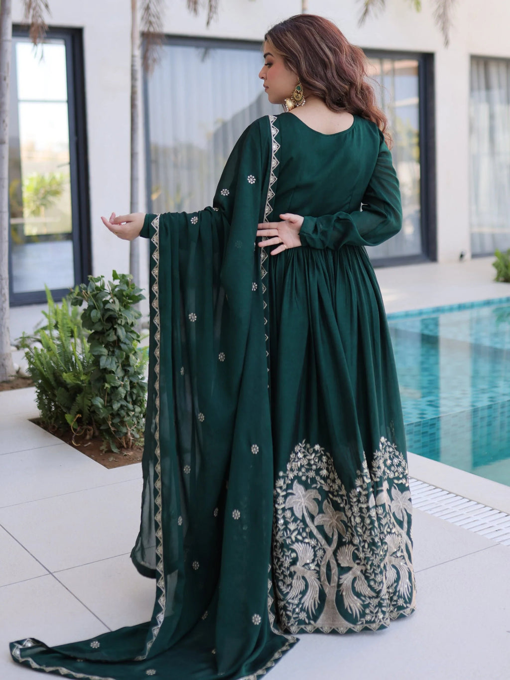 Bottle Green Exceptional Multi Thread Work Crushed Gown With Dupatta