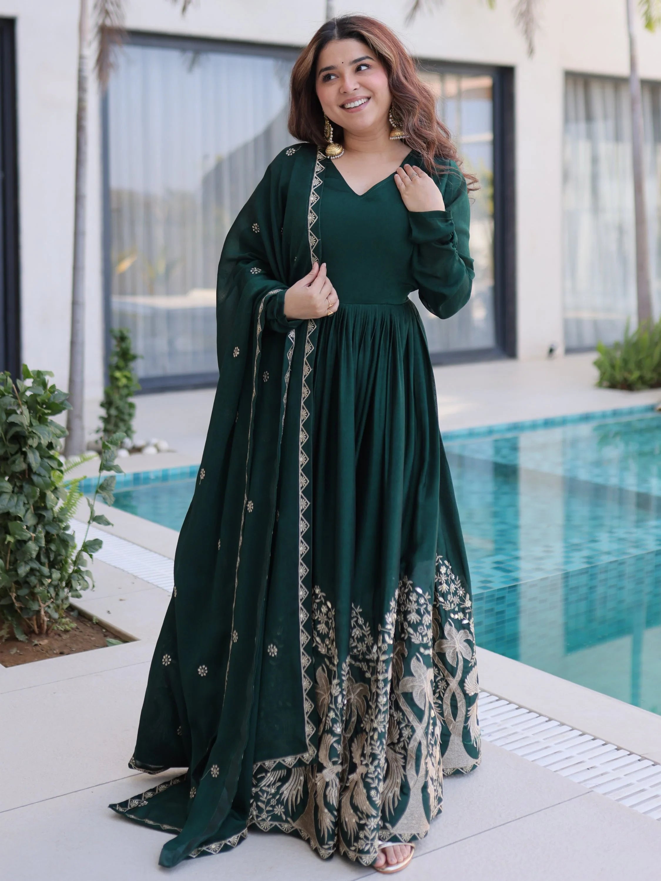 Bottle Green Exceptional Multi Thread Work Crushed Gown With Dupatta