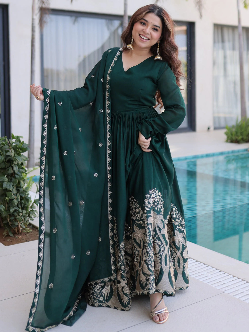 Bottle Green Exceptional Multi Thread Work Crushed Gown With Dupatta