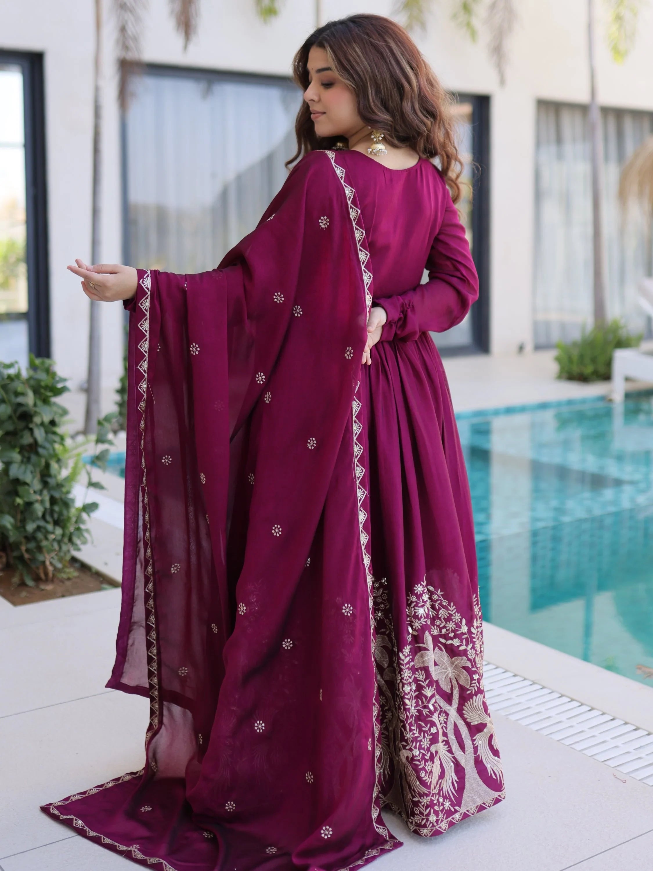 Wine Exceptional Multi Thread Work Crushed Gown With Dupatta
