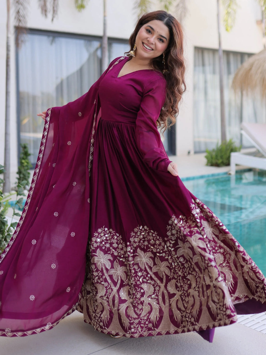 Wine Exceptional Multi Thread Work Crushed Gown With Dupatta