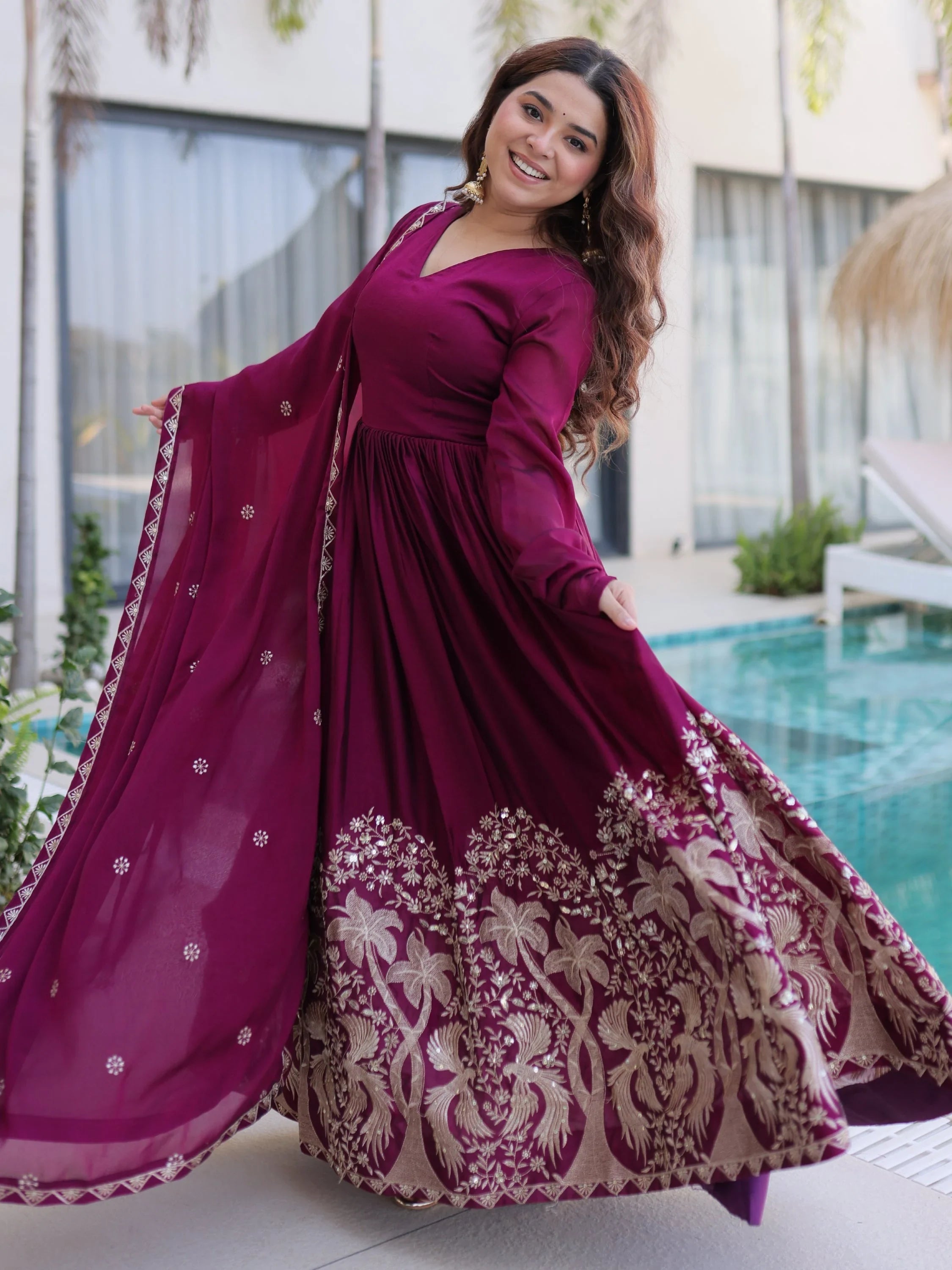 Wine Exceptional Multi Thread Work Crushed Gown With Dupatta