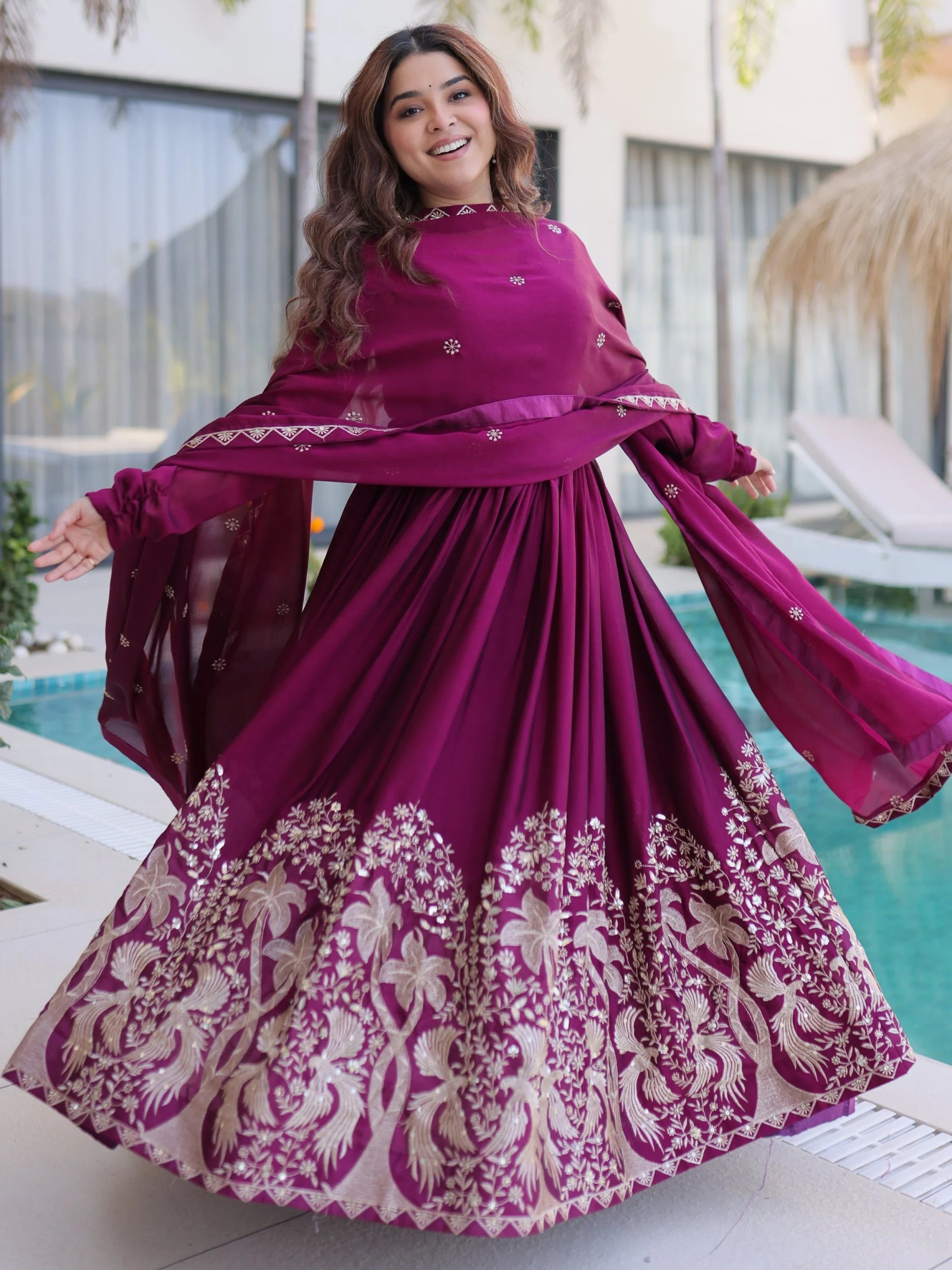 Wine Exceptional Multi Thread Work Crushed Gown With Dupatta