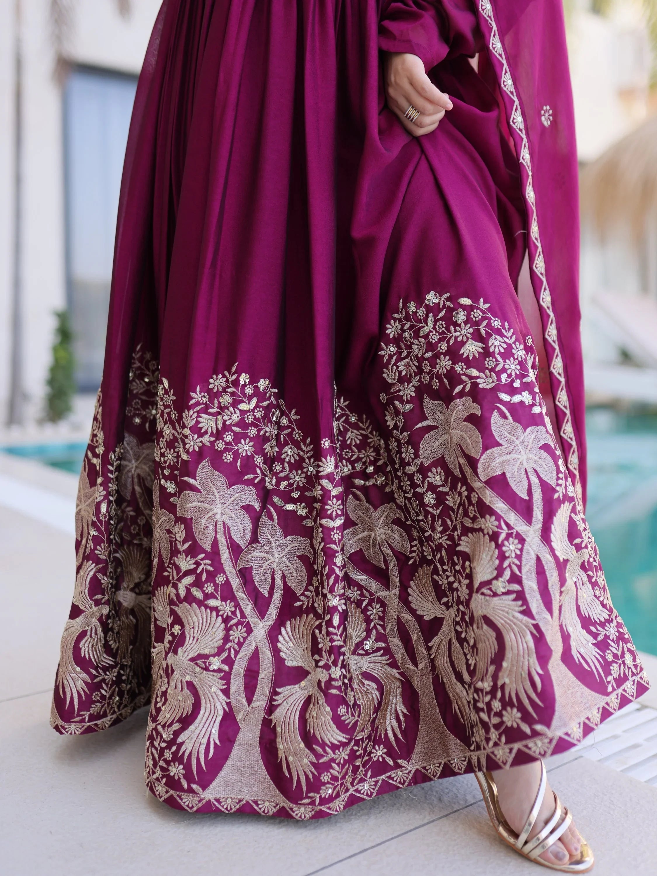 Wine Exceptional Multi Thread Work Crushed Gown With Dupatta