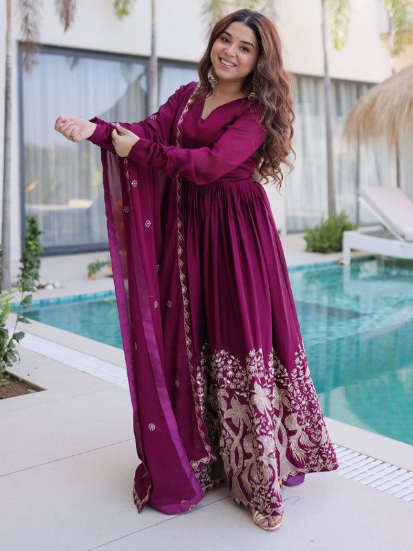 Wine Exceptional Multi Thread Work Crushed Gown With Dupatta