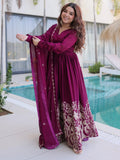 Wine Exceptional Multi Thread Work Crushed Gown With Dupatta