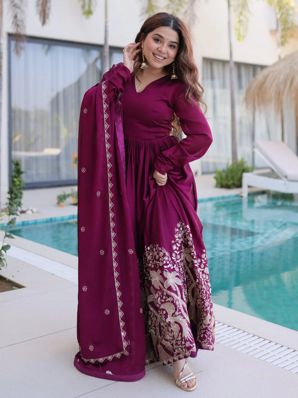 Wine Exceptional Multi Thread Work Crushed Gown With Dupatta