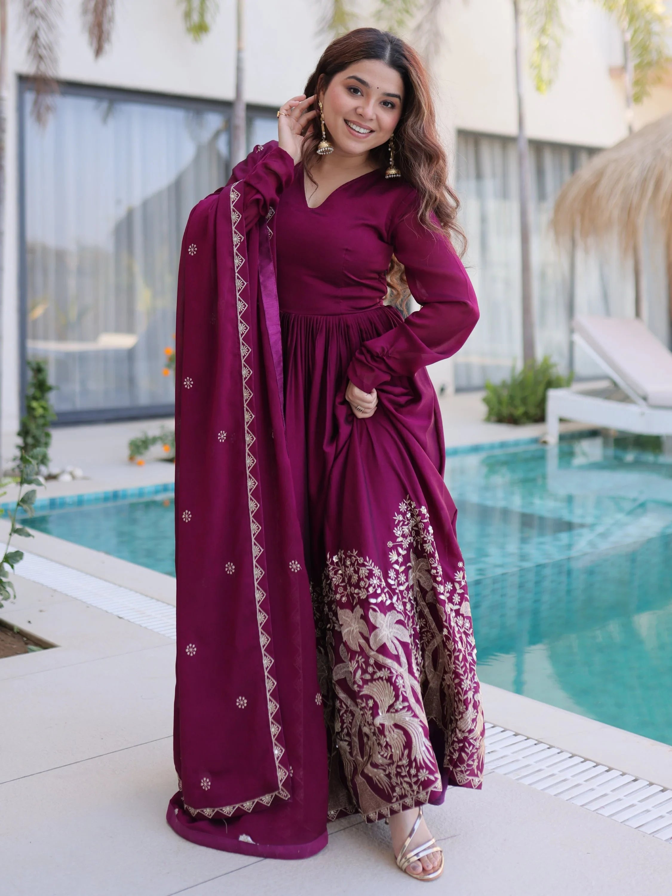 Wine Exceptional Multi Thread Work Crushed Gown With Dupatta