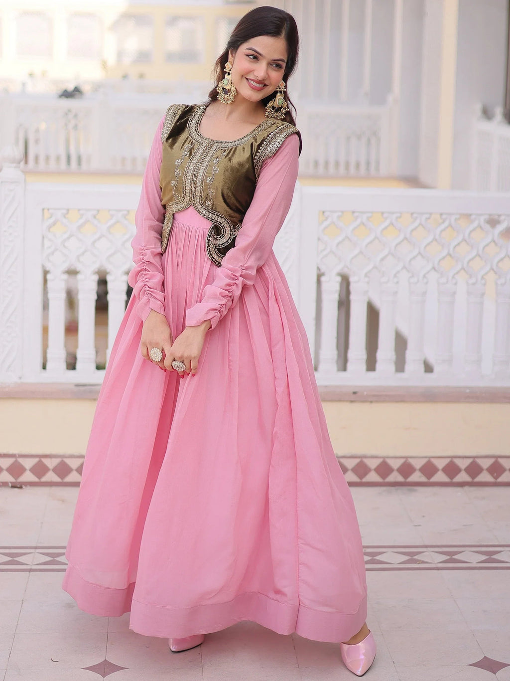 Light Pink Alluring Light Festival Wear Gown With Embroidered Koti