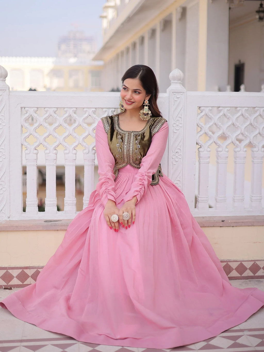Light Pink Alluring Light Festival Wear Gown With Embroidered Koti