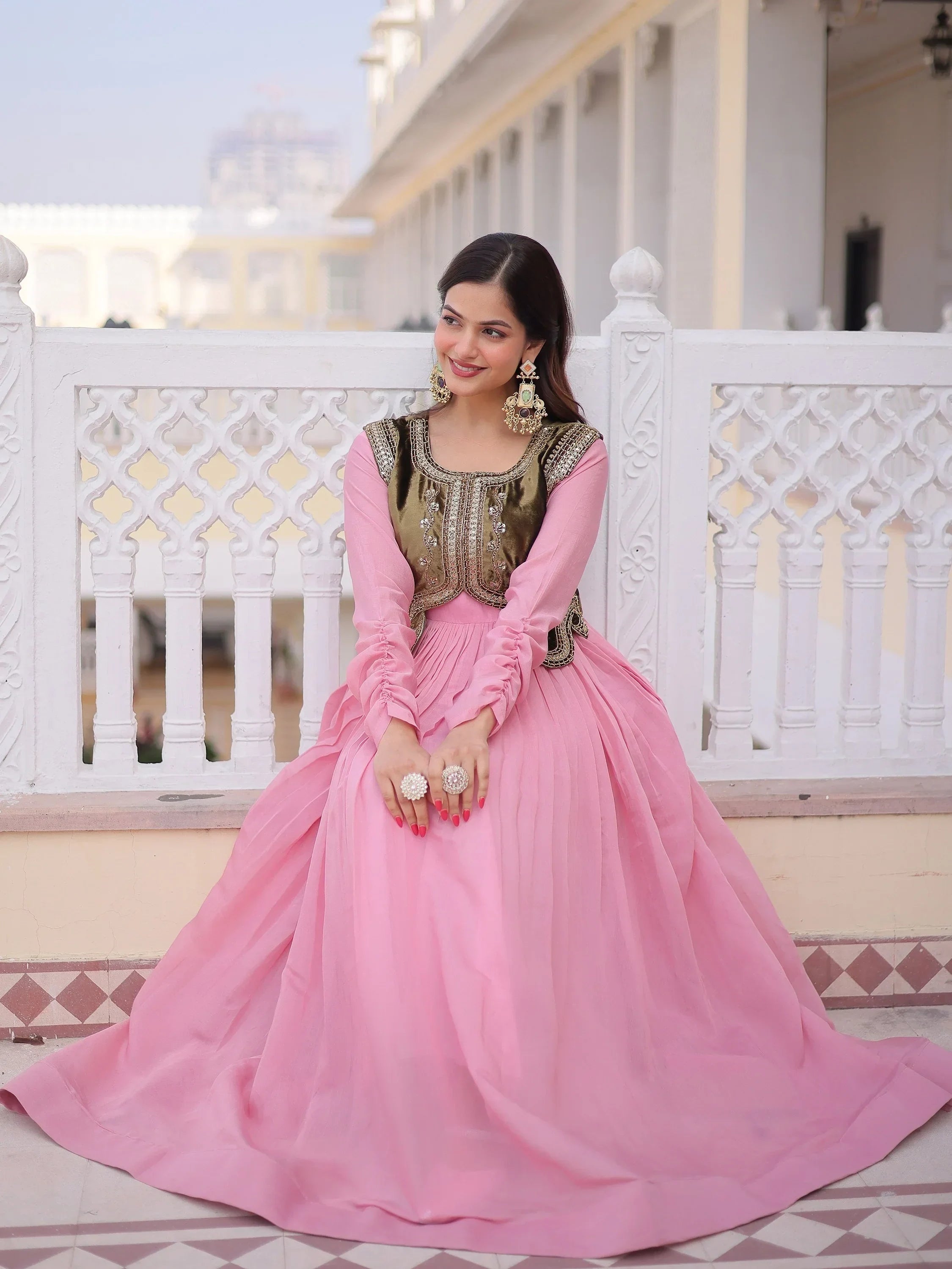 Light Pink Alluring Light Festival Wear Gown With Embroidered Koti