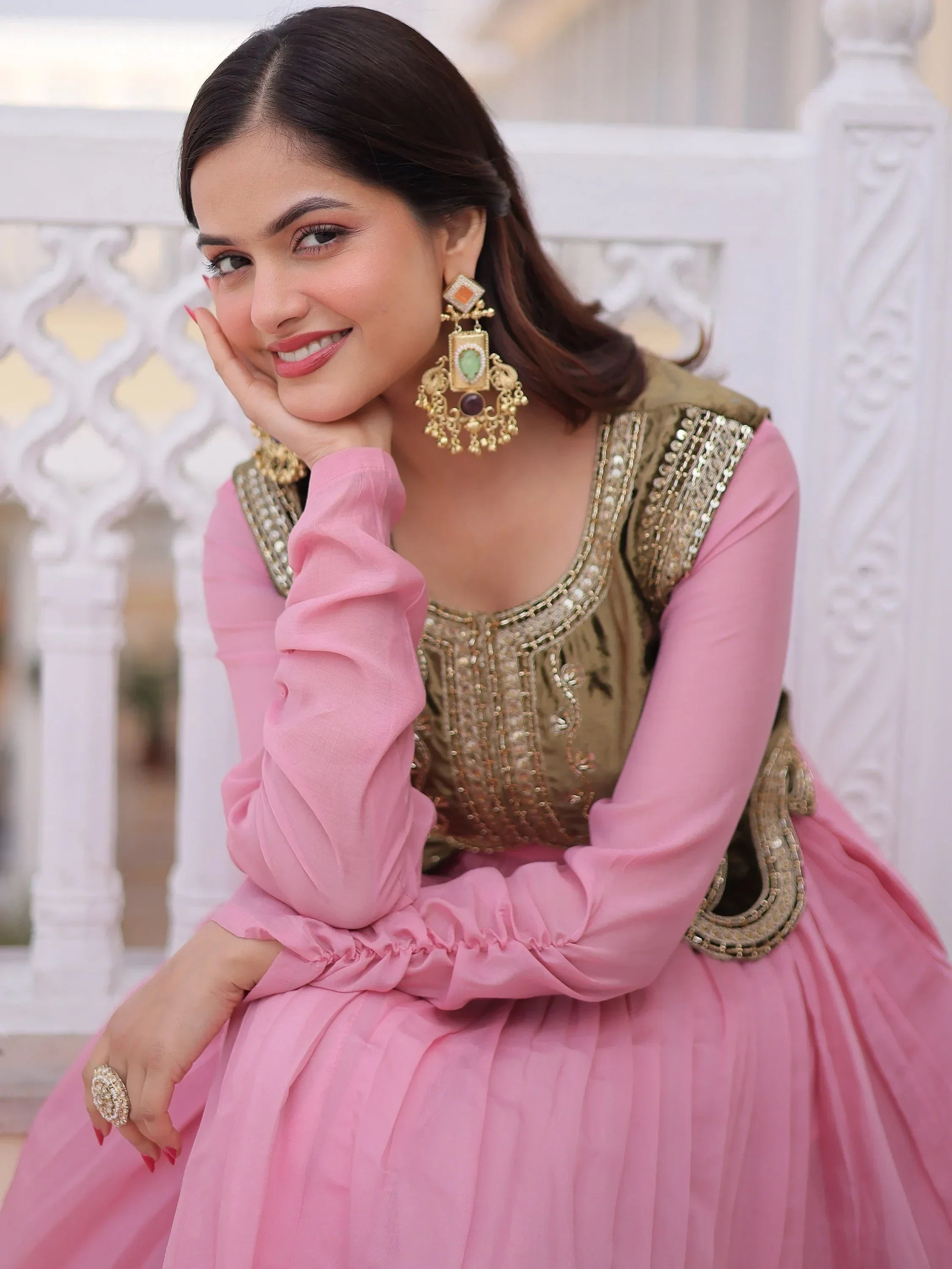 Light Pink Alluring Light Festival Wear Gown With Embroidered Koti