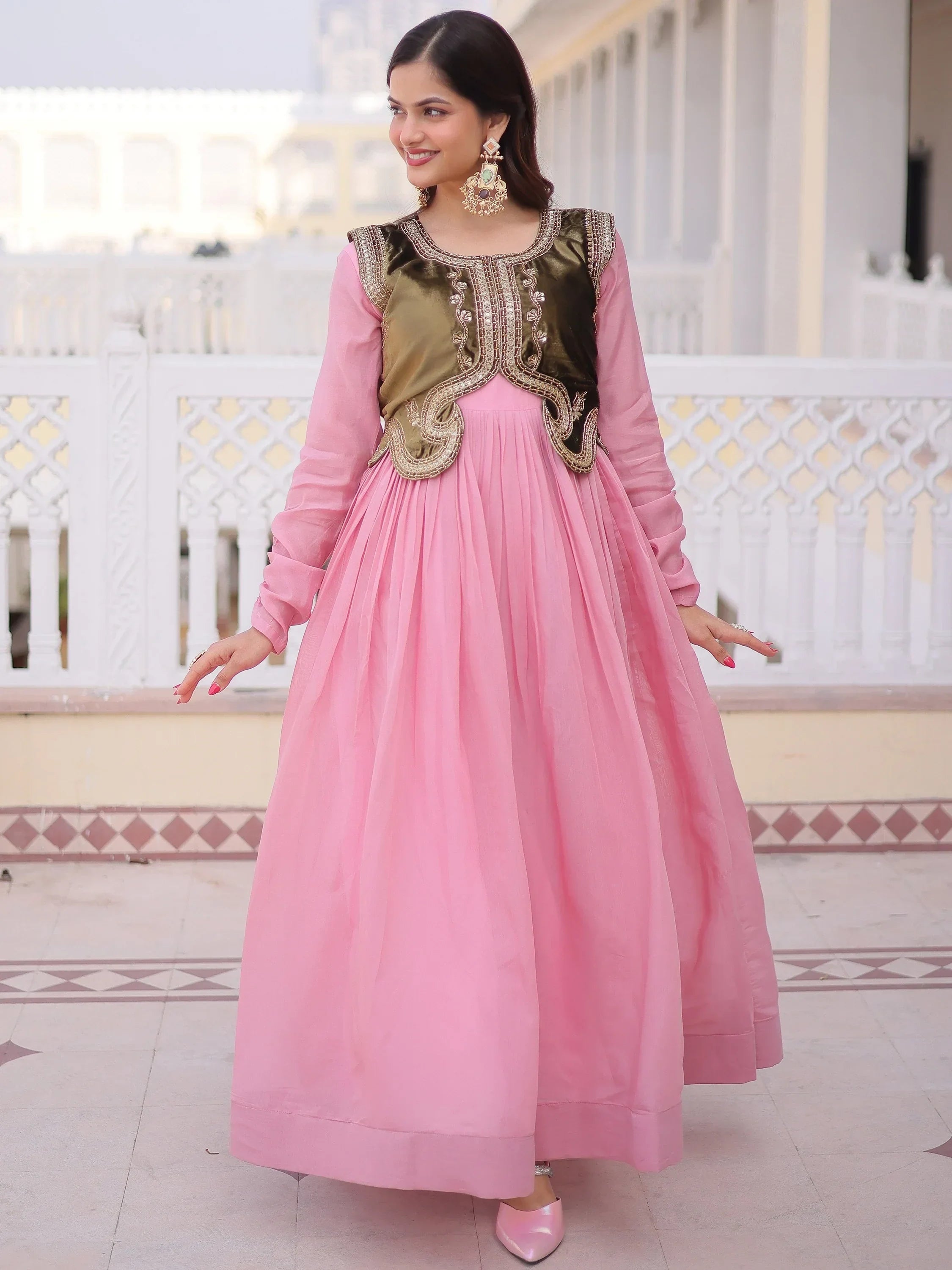 Light Pink Alluring Light Festival Wear Gown With Embroidered Koti