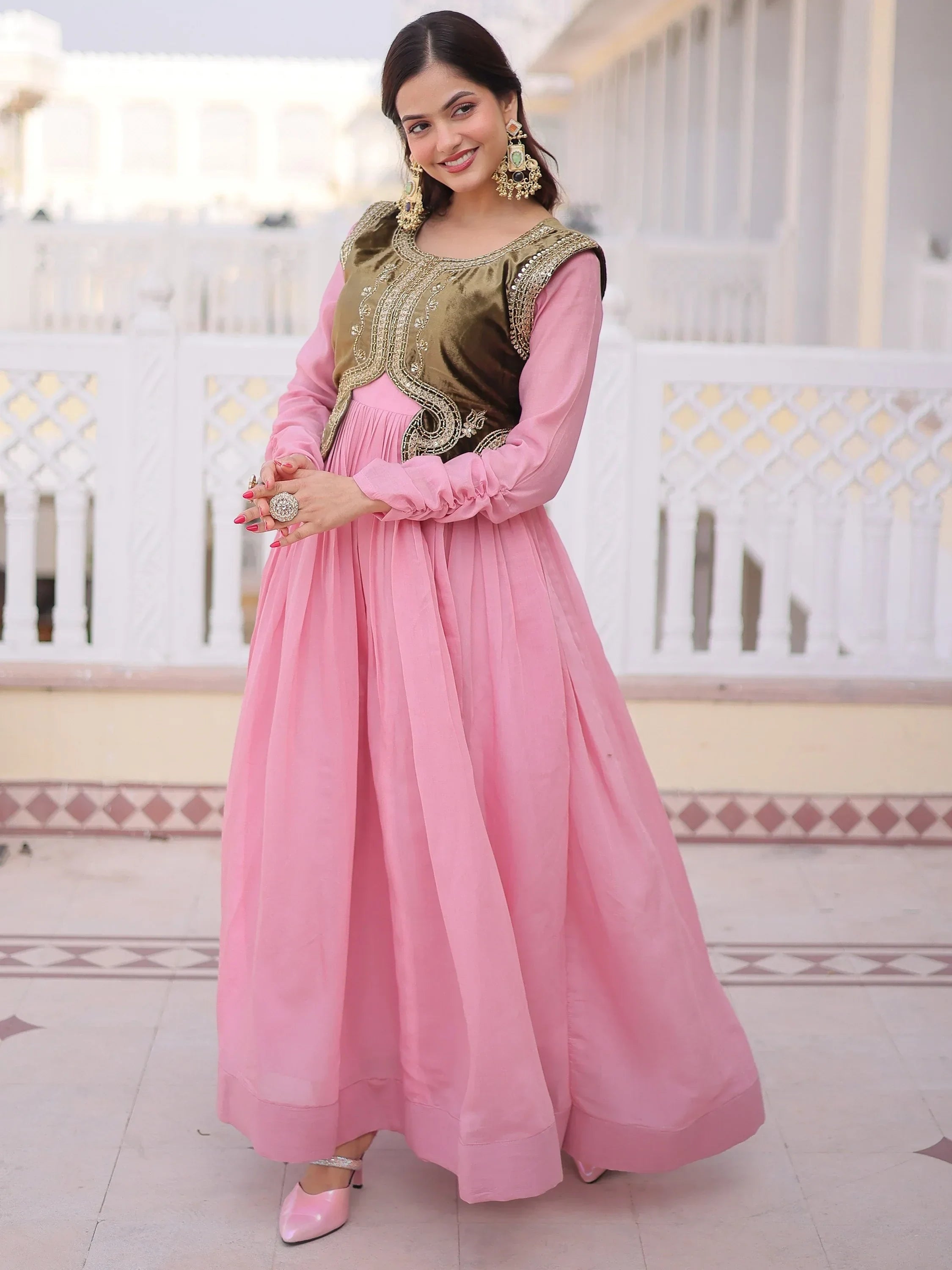 Light Pink Alluring Light Festival Wear Gown With Embroidered Koti