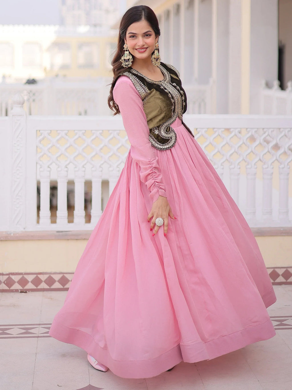 Light Pink Alluring Light Festival Wear Gown With Embroidered Koti