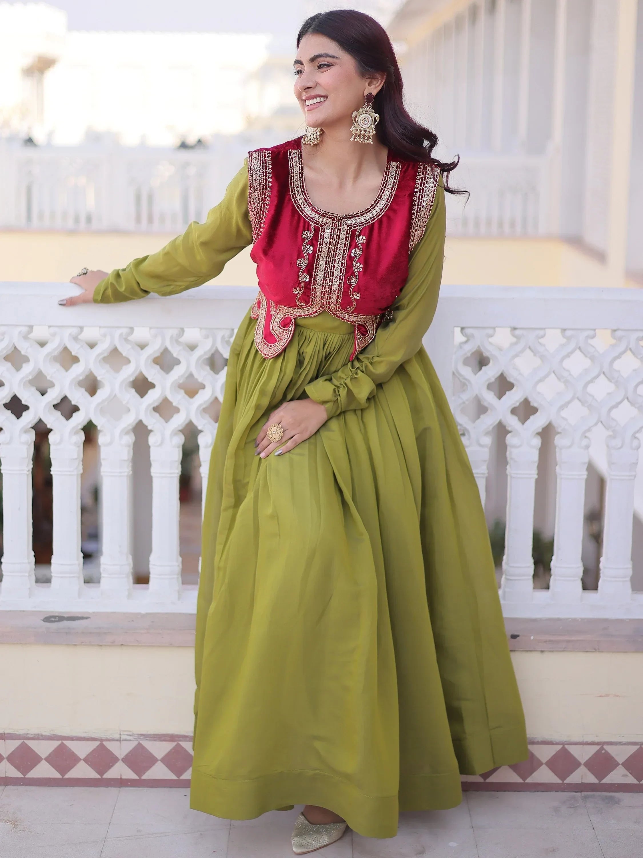 Green Alluring Light Festival Wear Gown With Embroidered Koti