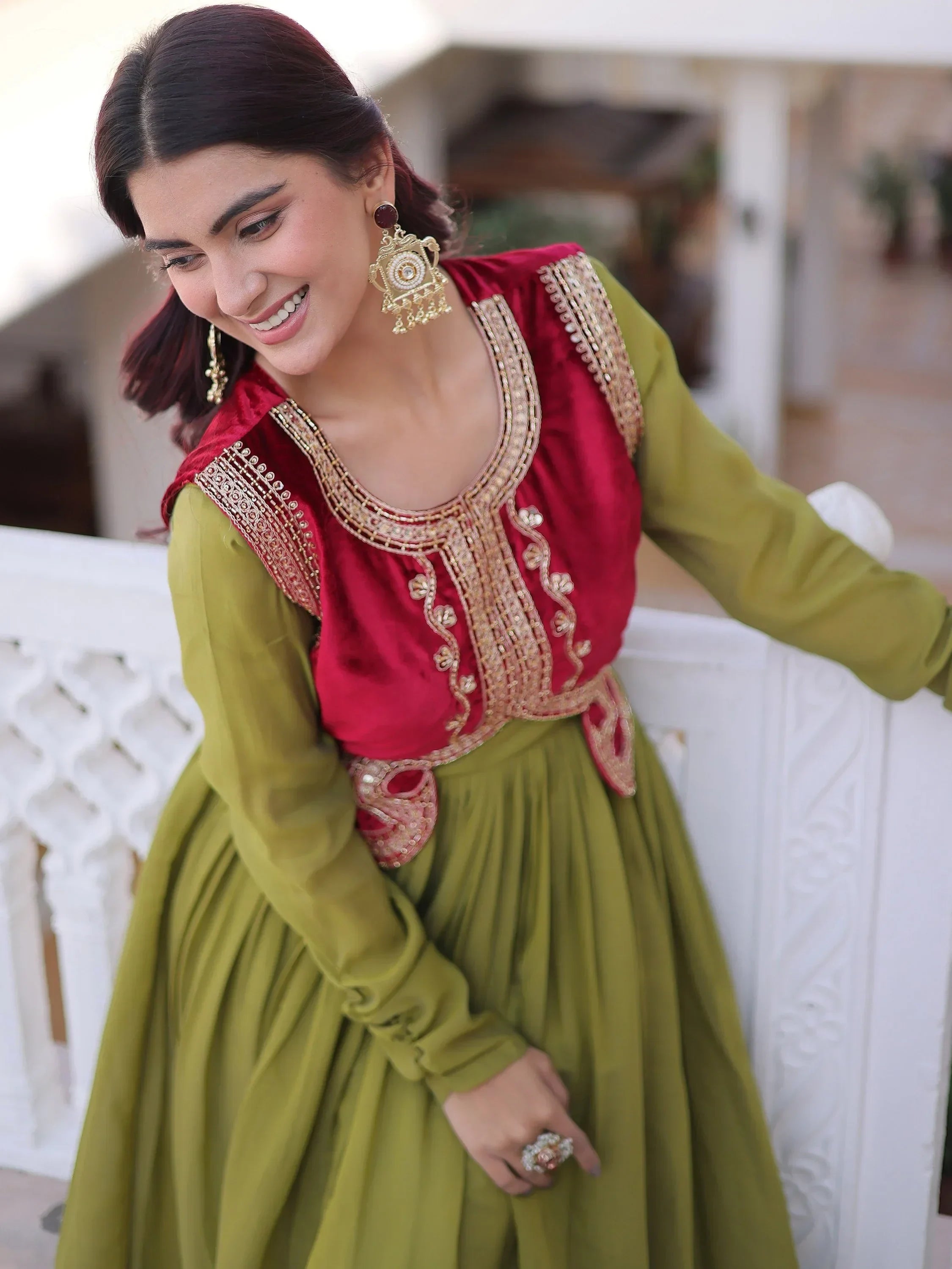 Green Alluring Light Festival Wear Gown With Embroidered Koti