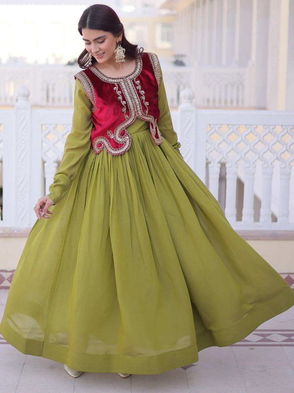 Green Alluring Light Festival Wear Gown With Embroidered Koti