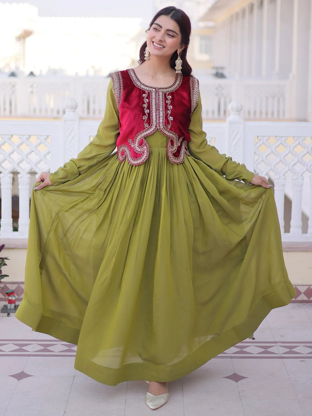 Green Alluring Light Festival Wear Gown With Embroidered Koti