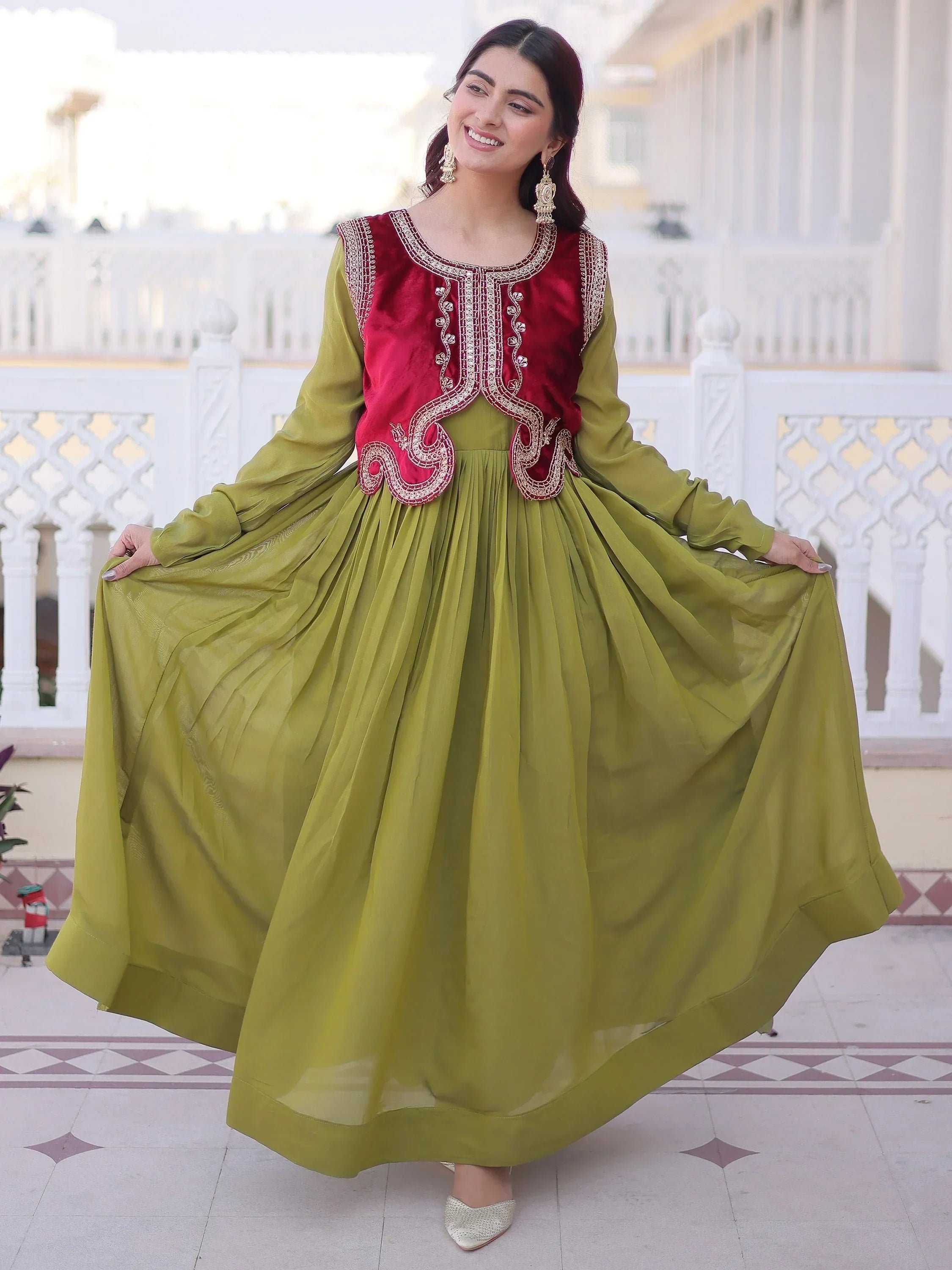 Green Alluring Light Festival Wear Gown With Embroidered Koti