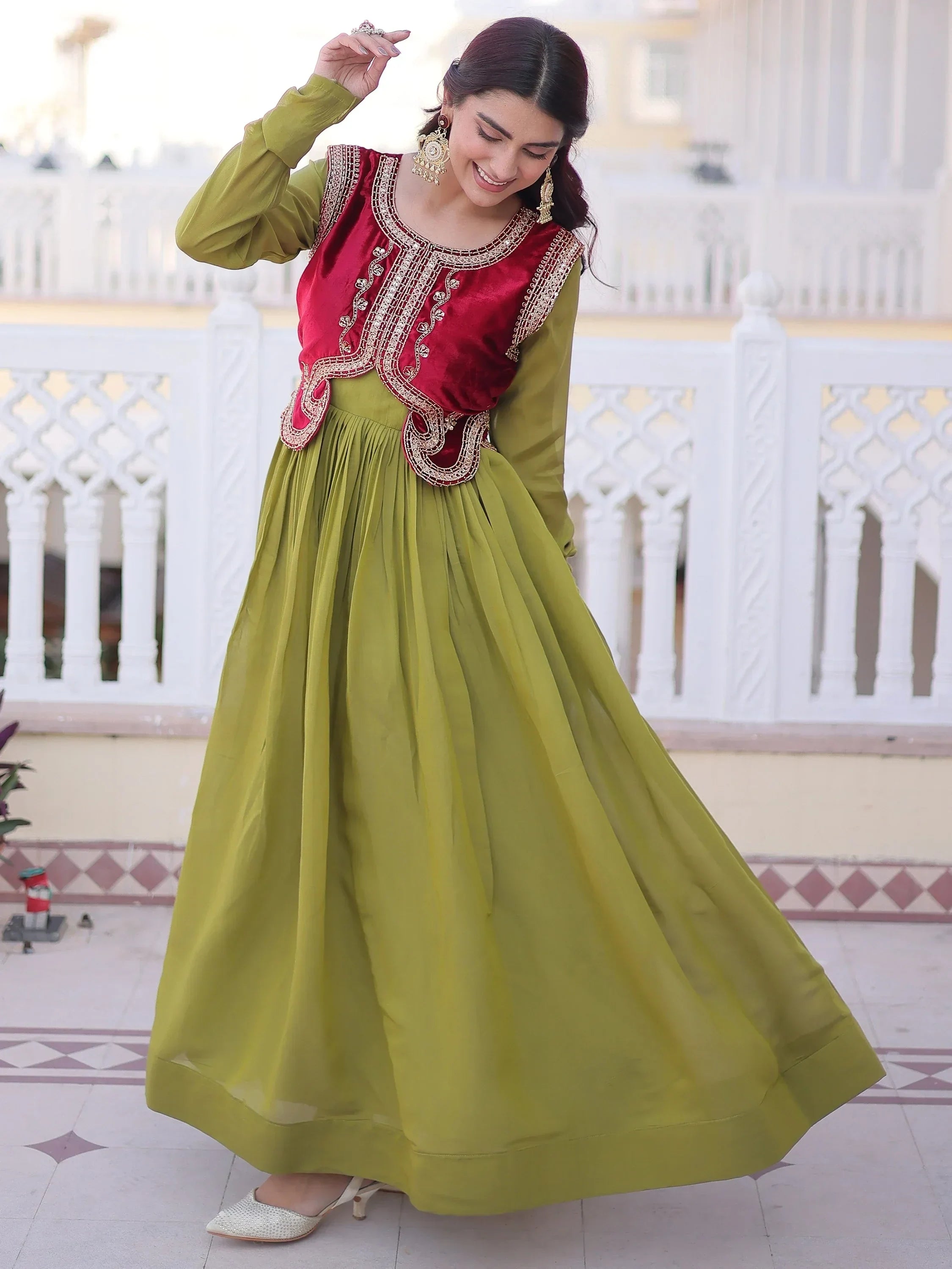 Green Alluring Light Festival Wear Gown With Embroidered Koti