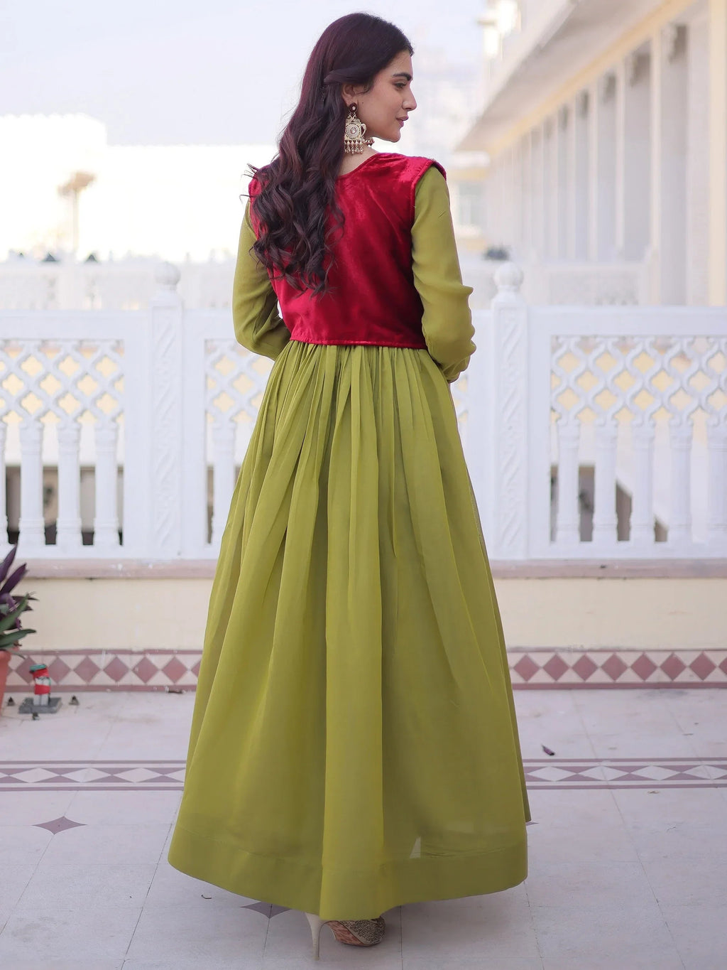 Green Alluring Light Festival Wear Gown With Embroidered Koti