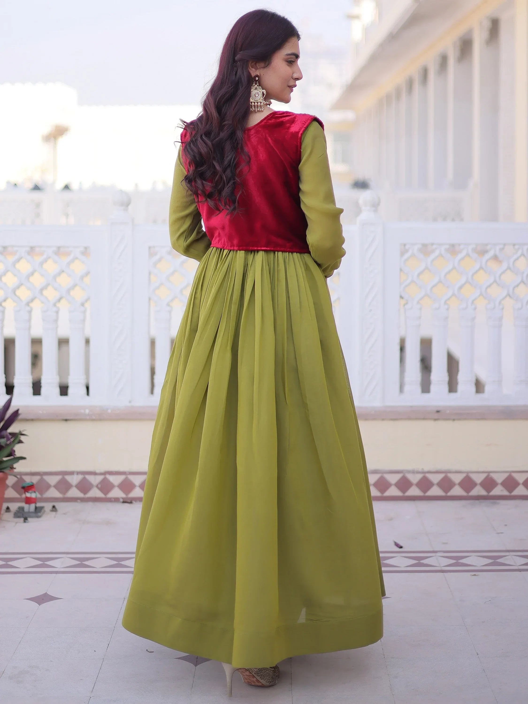 Green Alluring Light Festival Wear Gown With Embroidered Koti