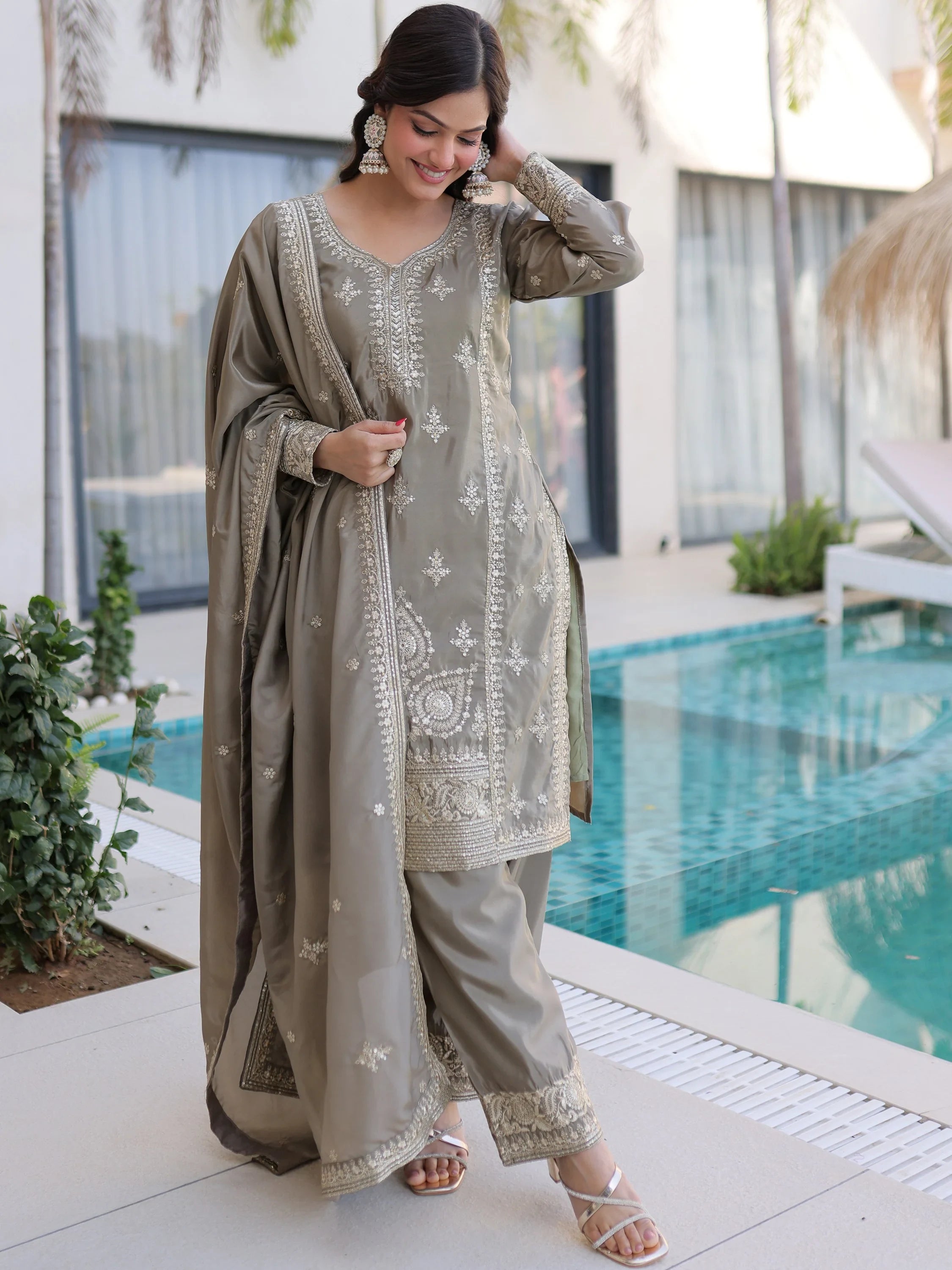 Grey Enchanting Zari Work Silk Eid Special Pant Suit With Dupatta