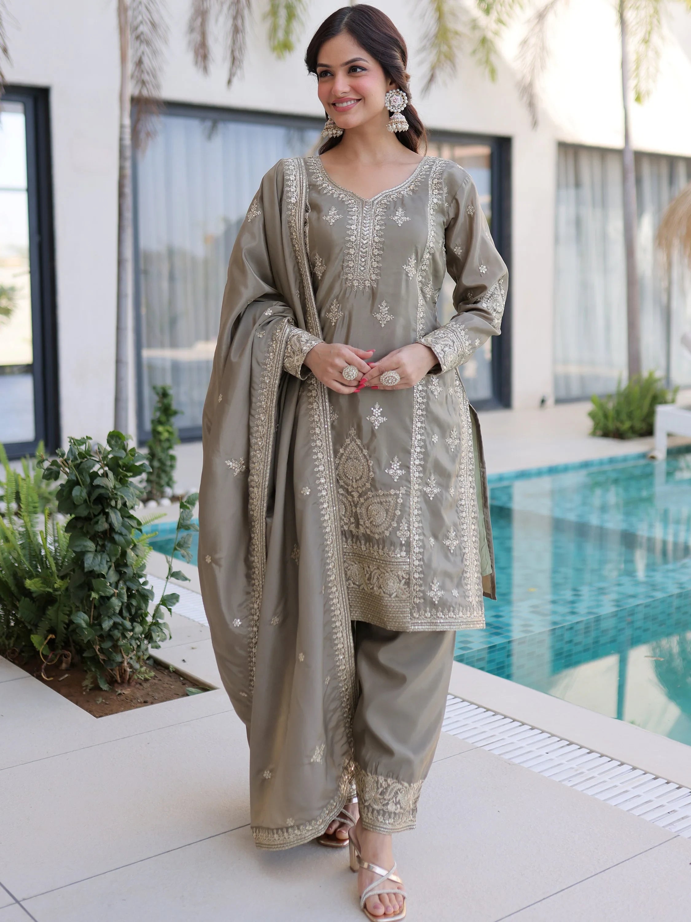Grey Enchanting Zari Work Silk Eid Special Pant Suit With Dupatta