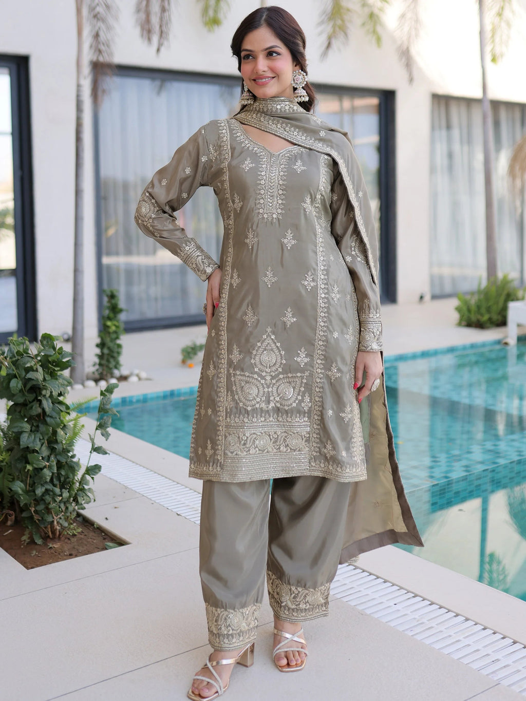 Grey Enchanting Zari Work Silk Eid Special Pant Suit With Dupatta