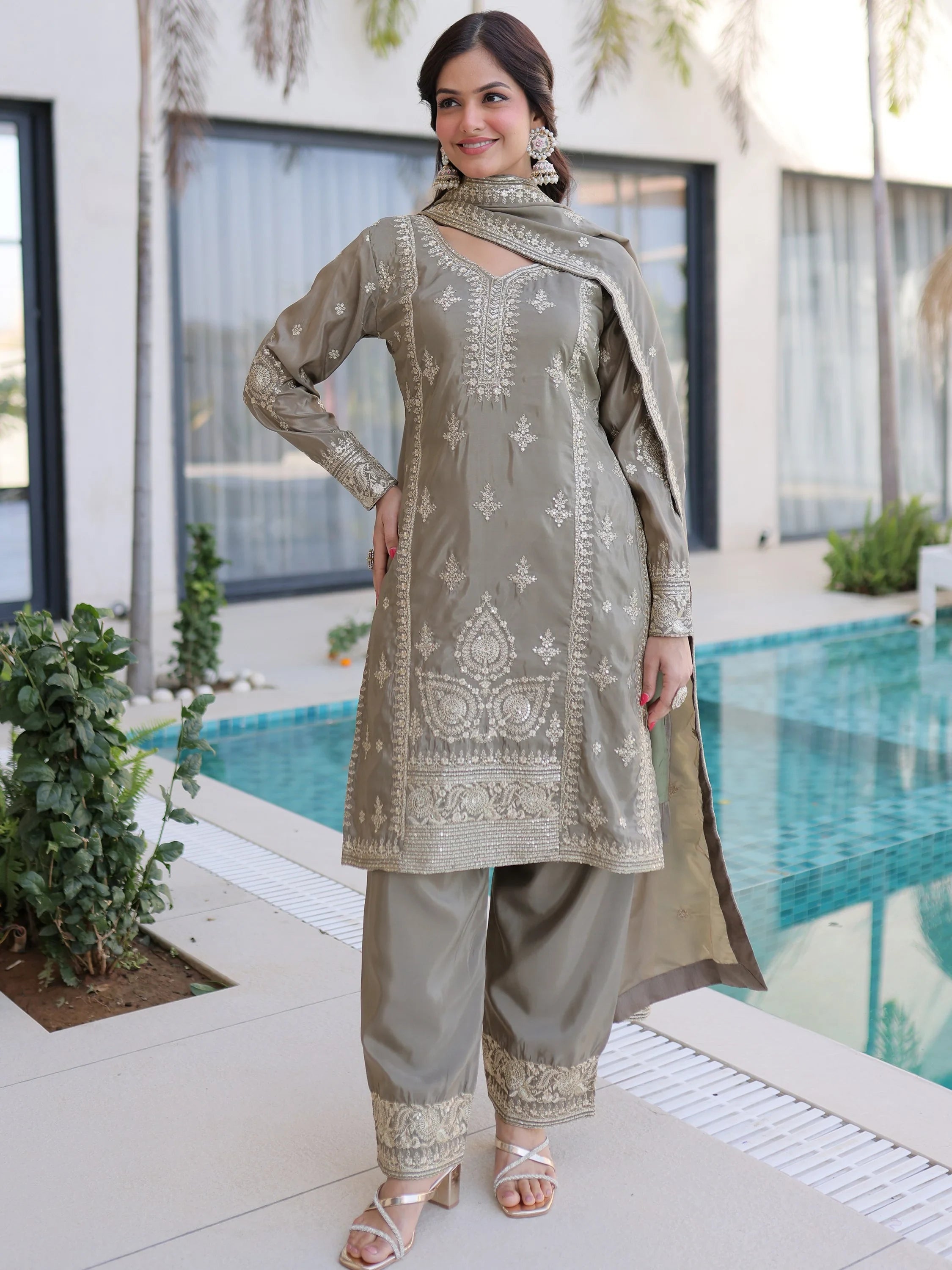 Grey Enchanting Zari Work Silk Eid Special Pant Suit With Dupatta