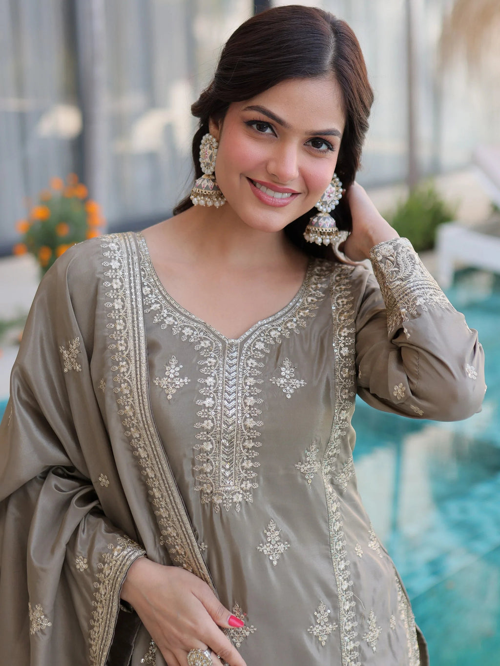 Grey Enchanting Zari Work Silk Eid Special Pant Suit With Dupatta