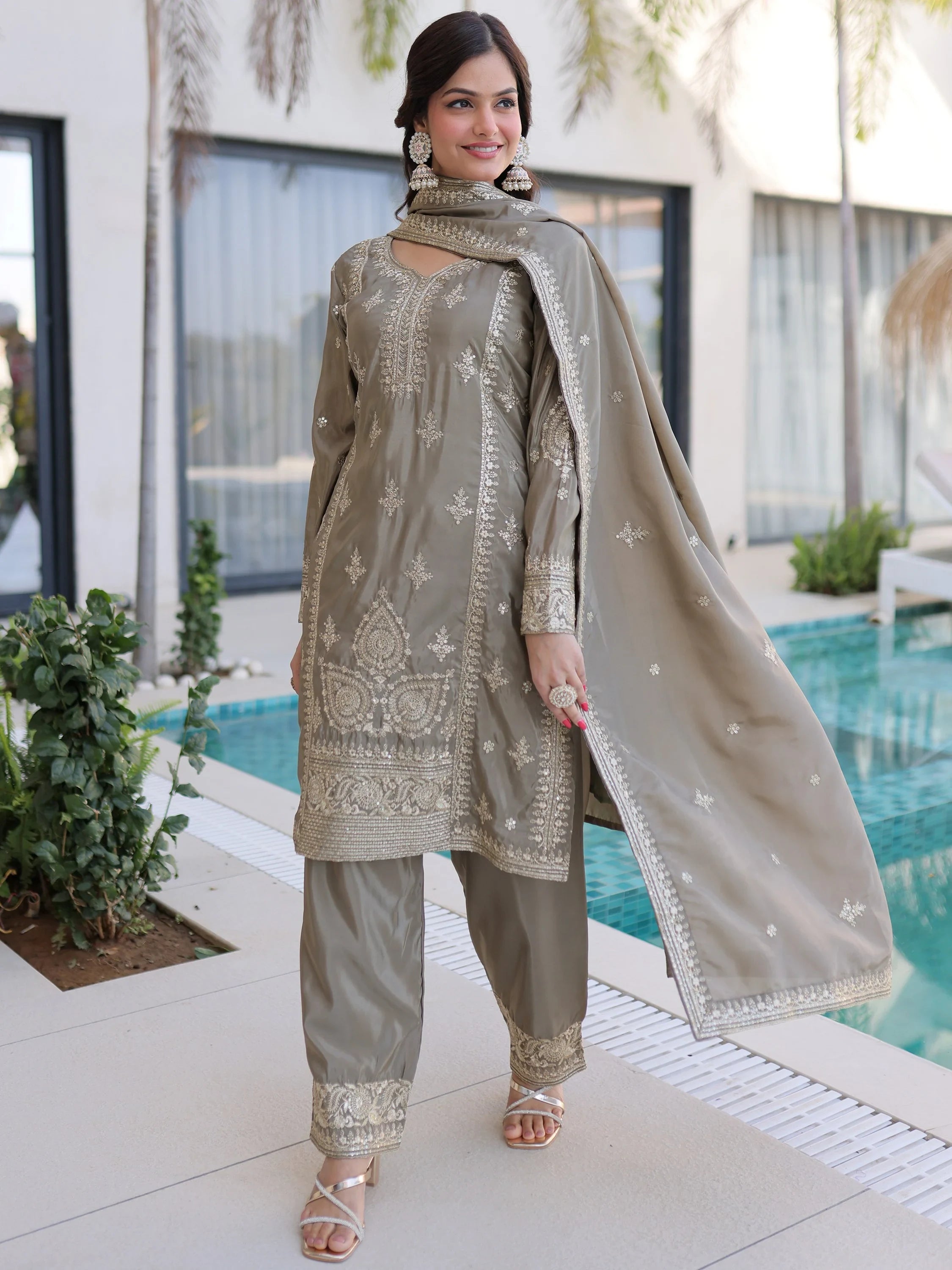 Grey Enchanting Zari Work Silk Eid Special Pant Suit With Dupatta