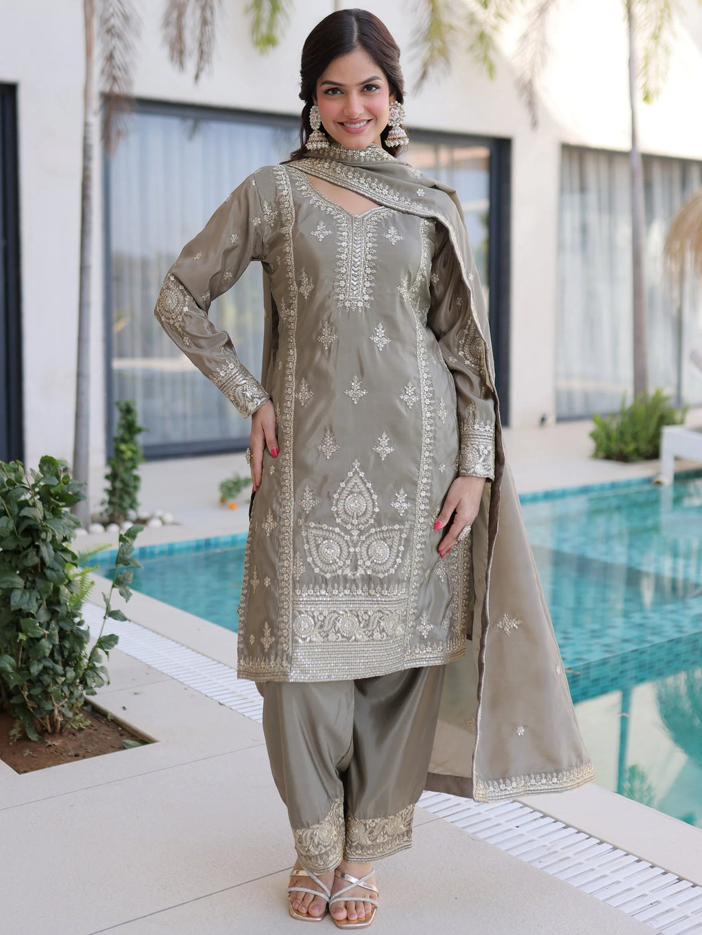 Grey Enchanting Zari Work Silk Eid Special Pant Suit With Dupatta