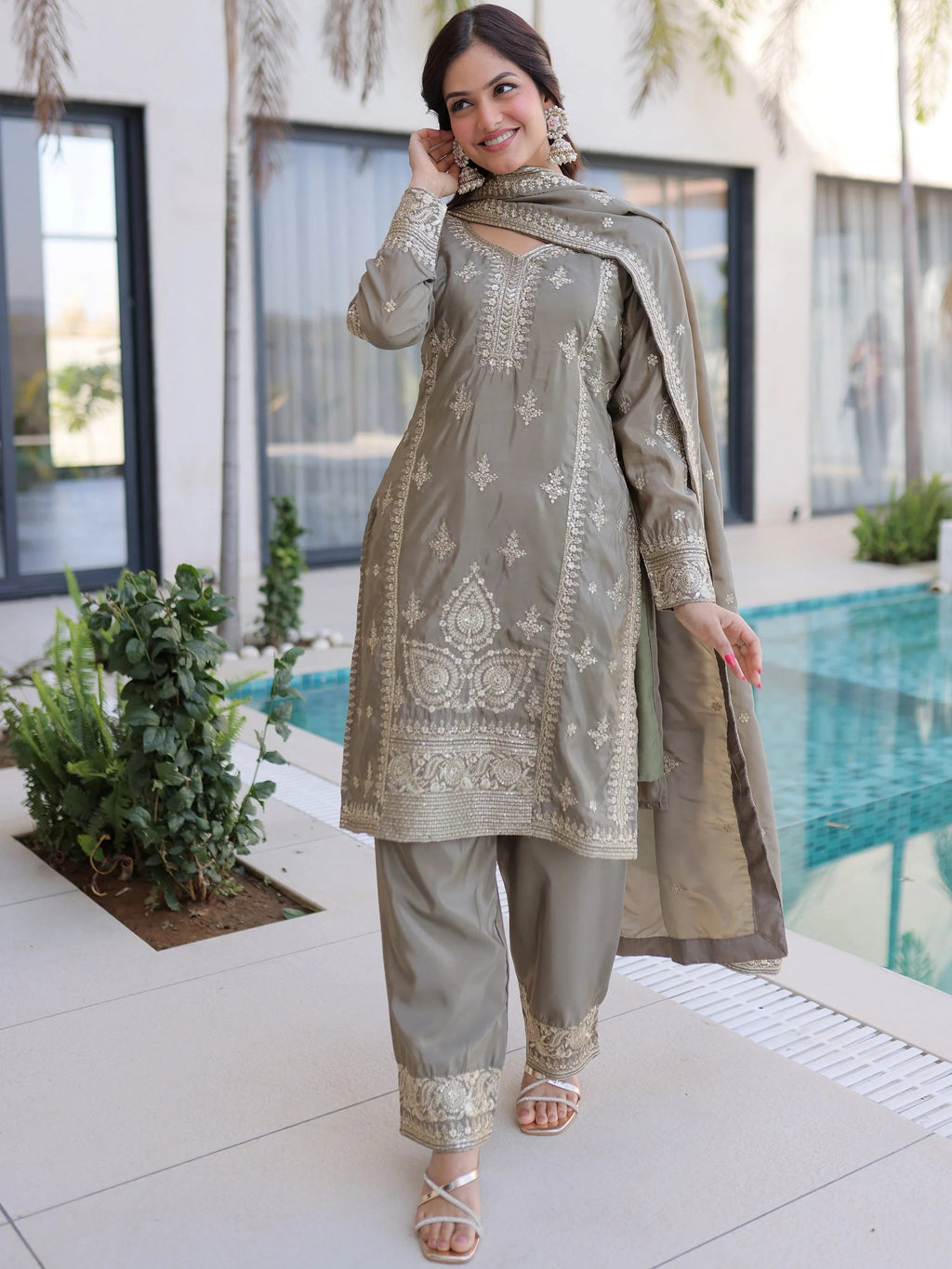 Grey Enchanting Zari Work Silk Eid Special Pant Suit With Dupatta