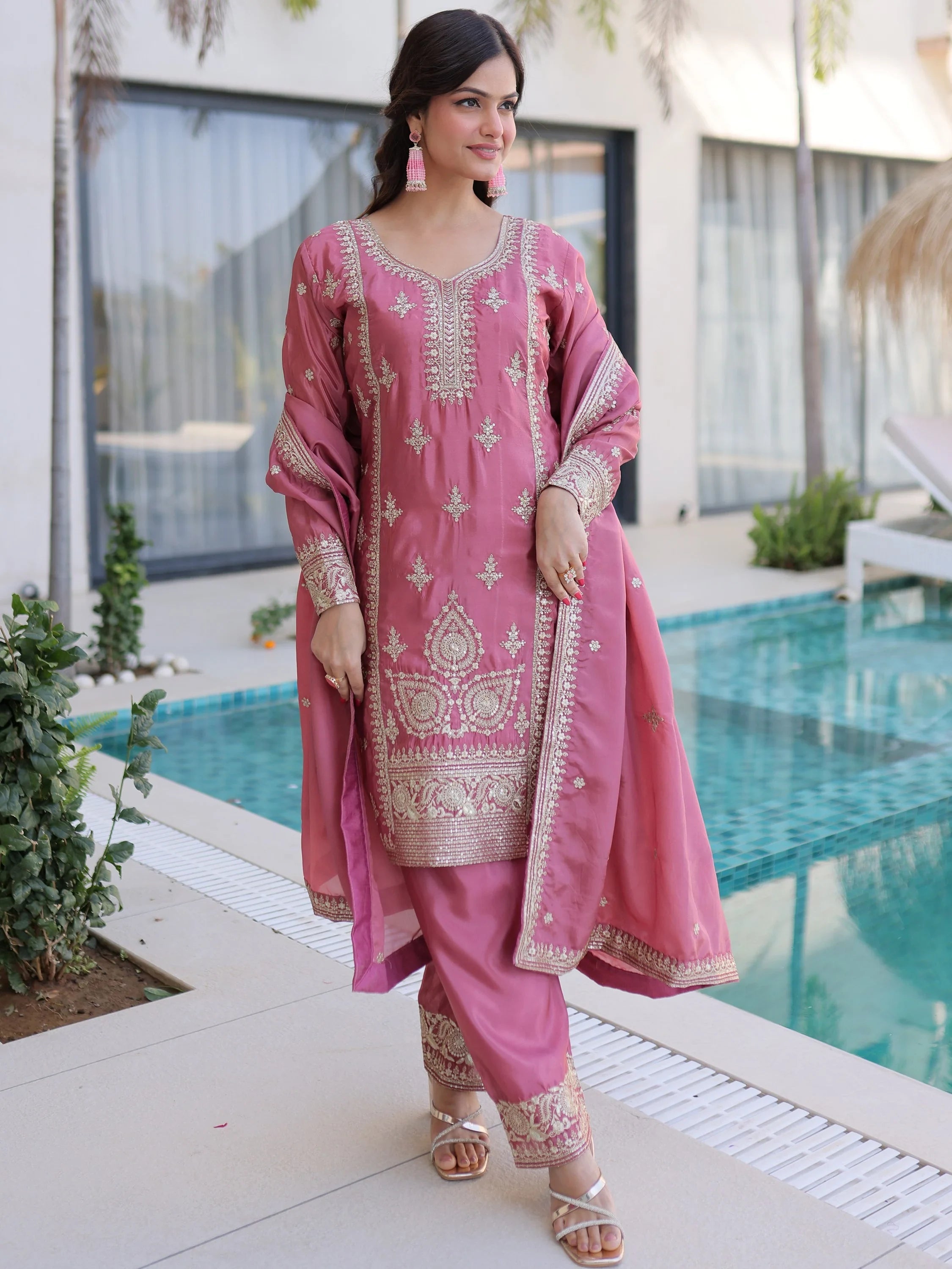 Pink Enchanting Zari Work Silk Eid Special Pant Suit With Dupatta