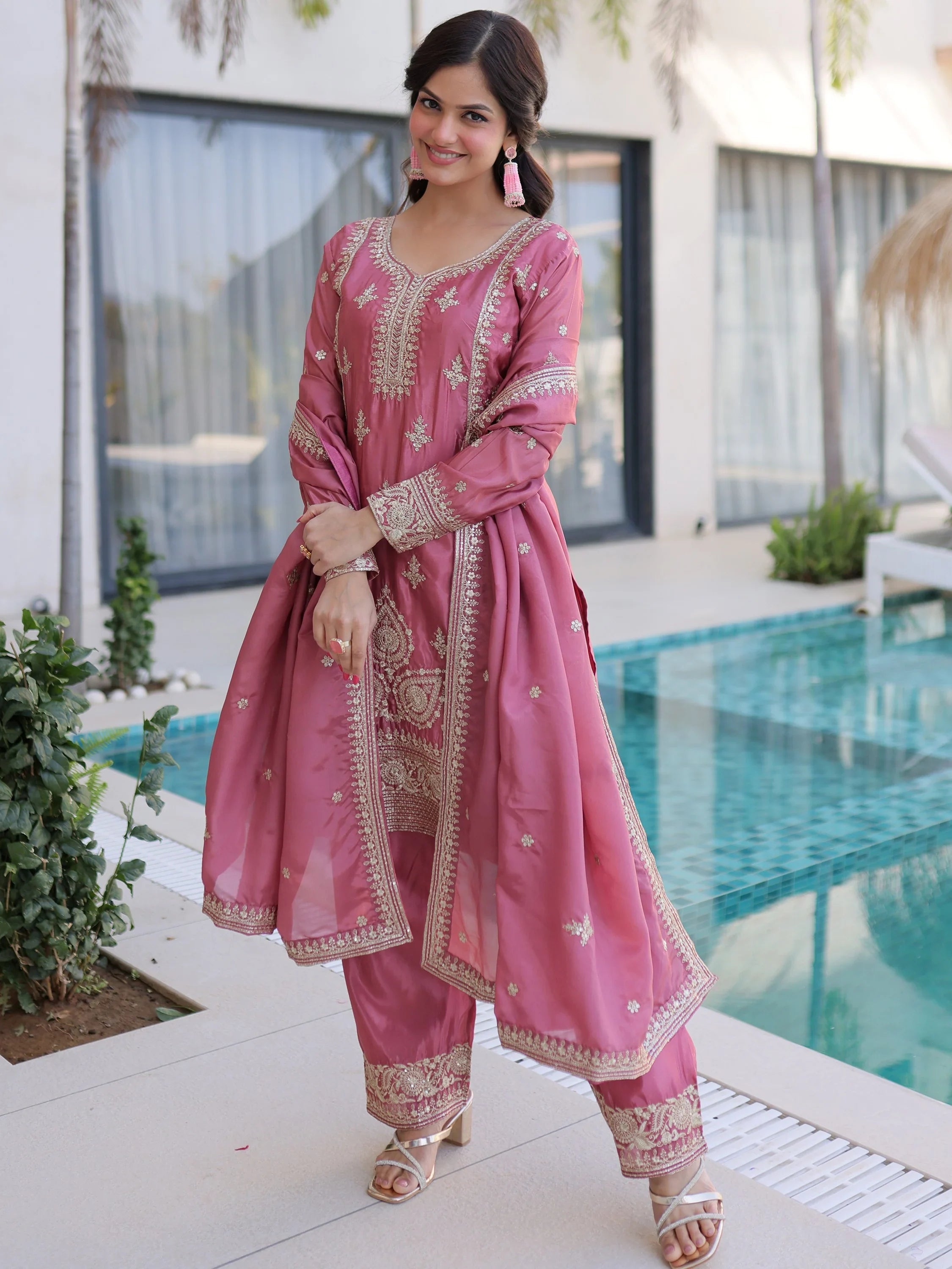 Pink Enchanting Zari Work Silk Eid Special Pant Suit With Dupatta