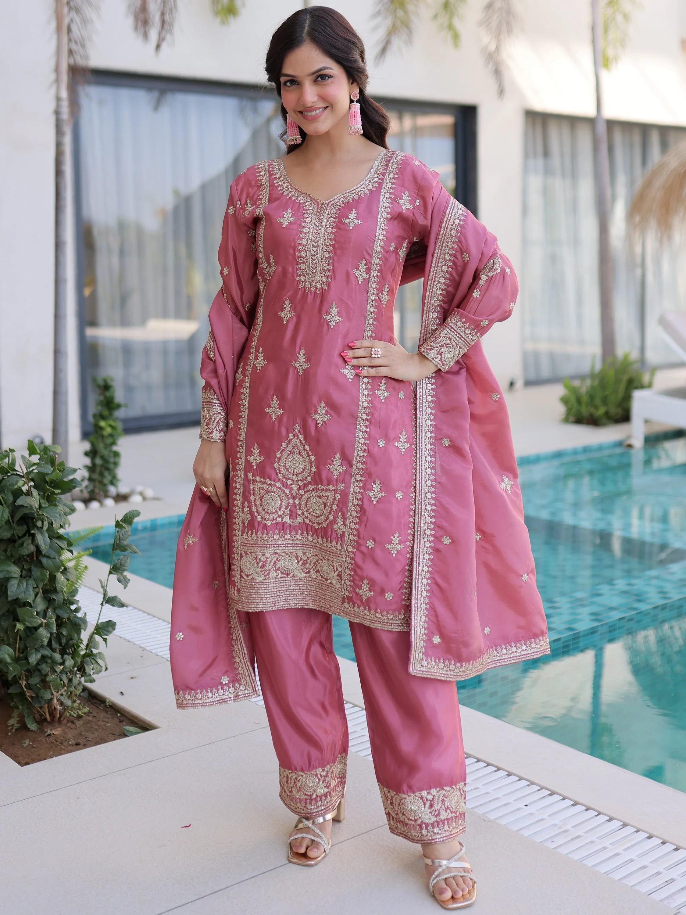 Pink Enchanting Zari Work Silk Eid Special Pant Suit With Dupatta