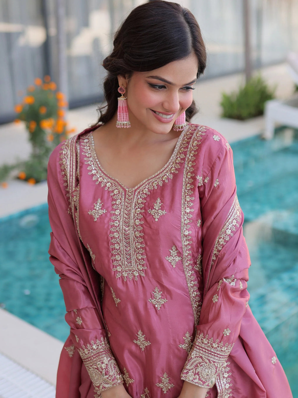 Pink Enchanting Zari Work Silk Eid Special Pant Suit With Dupatta