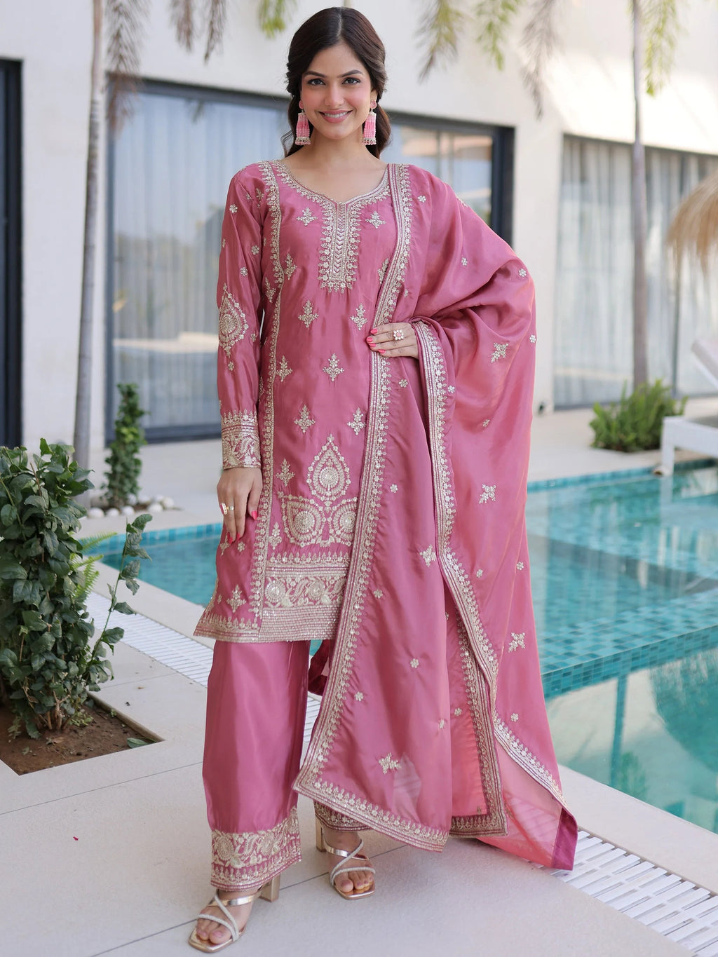 Pink Enchanting Zari Work Silk Eid Special Pant Suit With Dupatta
